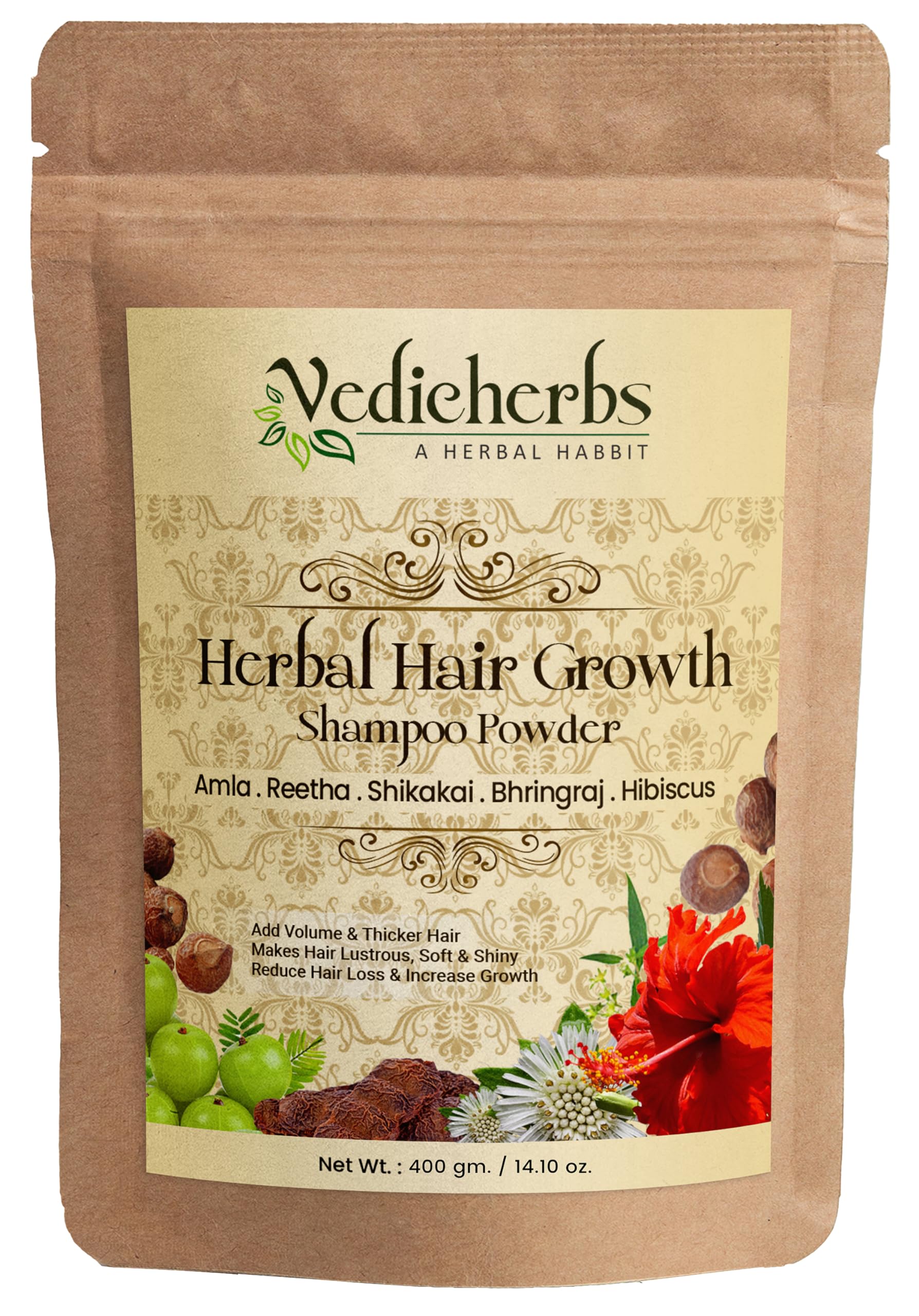 Vedicherbs Herbal Hair Growth Shampoo Powder - Natural Hair Fall Control with Amla, Reetha, Shikakai, Bhringraj & Hibiscus - 100% Organic Hair Pack & Cleanser for Men & Women (400g) - Promotes Healthy Hair Growth for Thicker, Stronger Locks - Perfect for Daily Hair Care & Scalp Nourishment