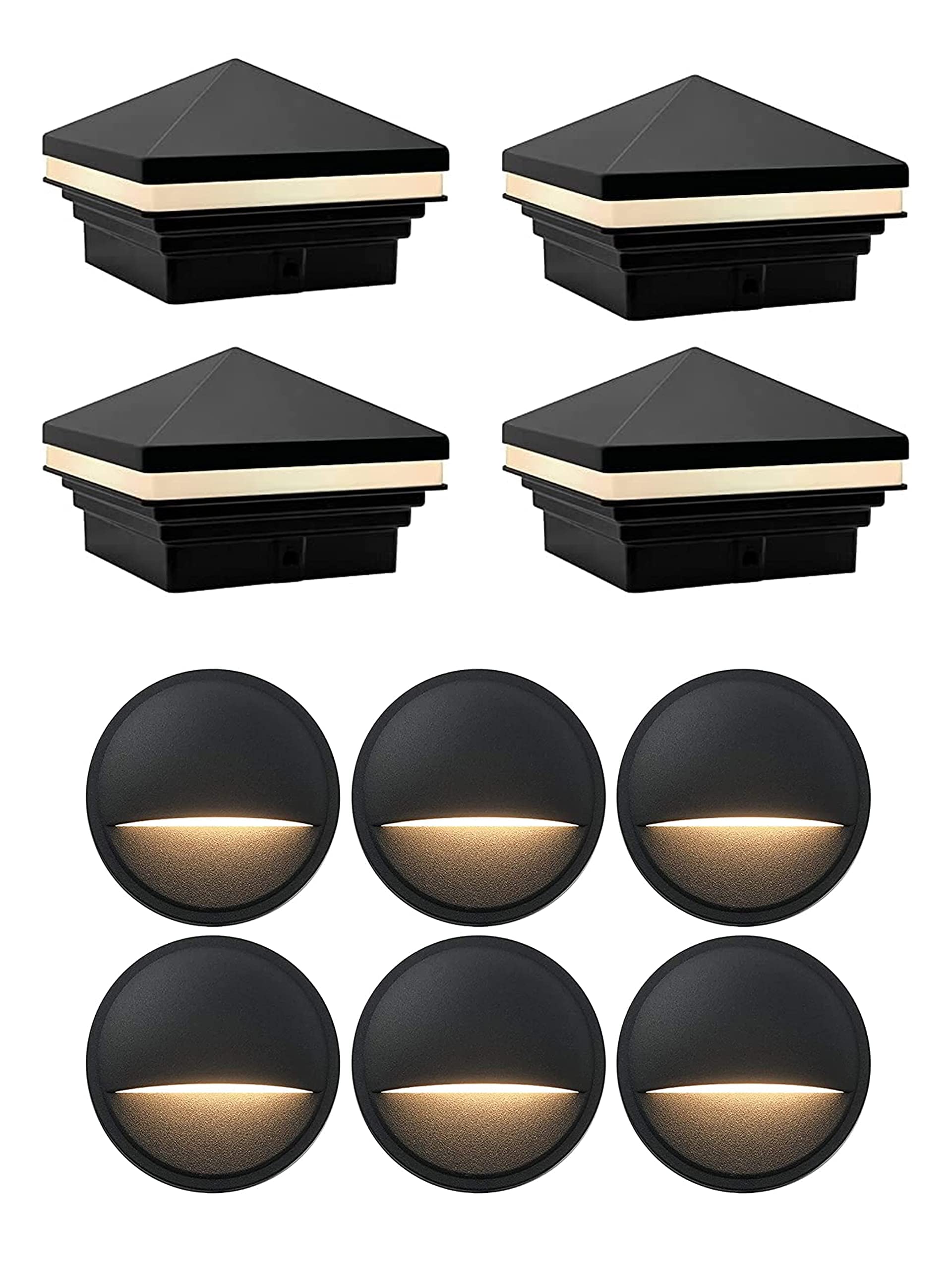 GKOLED 6-Pack Low Voltage LED Black Deck Lights with 4-Pack Pyramid Post Cap Lights for Outdoor Stair, Patio, Garden, and Pathway Lighting