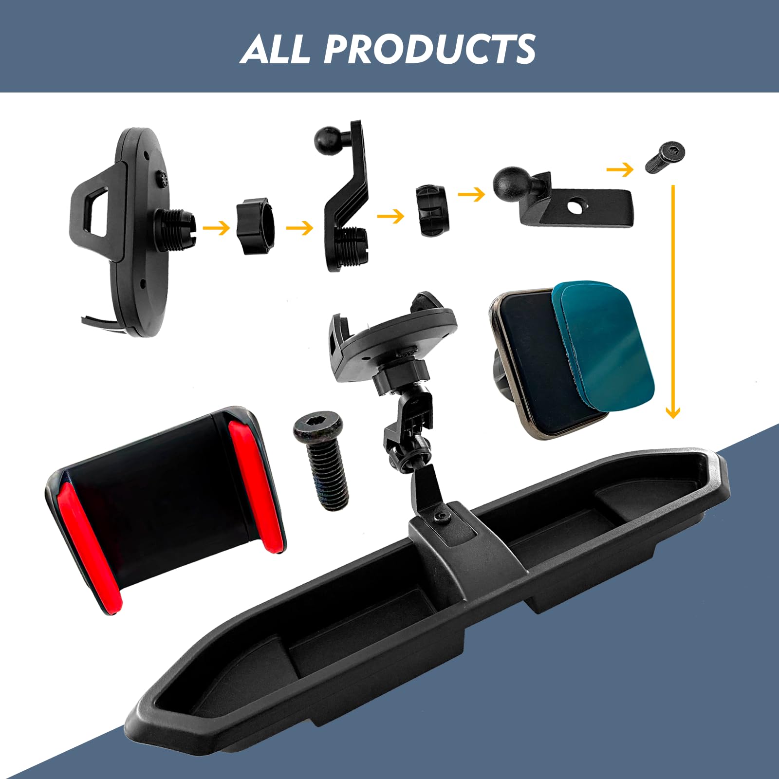 Jeep Wrangler JL & Gladiator JT Phone Mount Holder (2018-2023 Models) - Heavy Duty Dash Tray Mount with Adjustable Extension Arm & Metal Rod - Universal Smartphone Accessories - Perfect for Off-Road Adventures & Daily Commuting (Excludes 4XE/Oil-Electric Models)