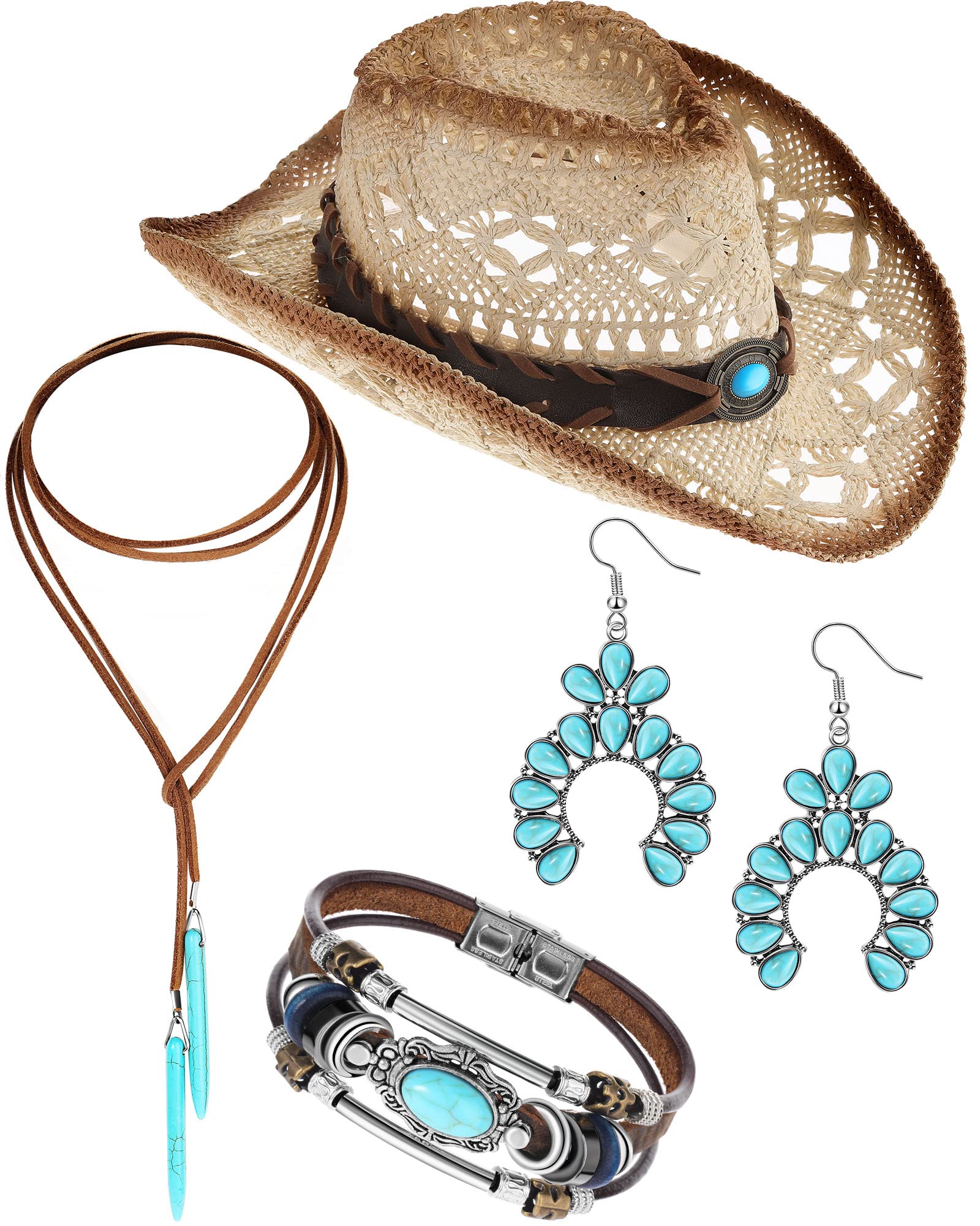 4 Pcs Bohemian Jewelry Set for Women - Vintage Turquoise Necklace, Bracelet, Earrings & Cowboy Hat - Perfect for Music Festivals, Beach Vacations & Boho Fashion