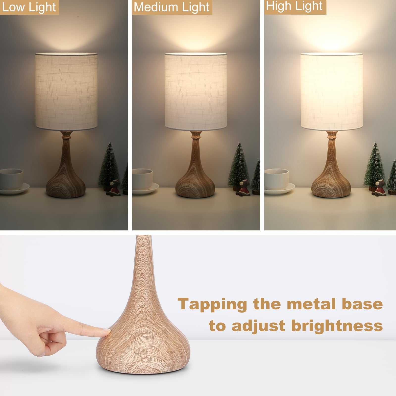Dimmable Touch Control Table Lamp with Wood Grain Base - 9W 3000K LED Bedside Night Light for Bedroom, Office & Living Room | Perfect for Reading, Relaxing & Nightstand Decor