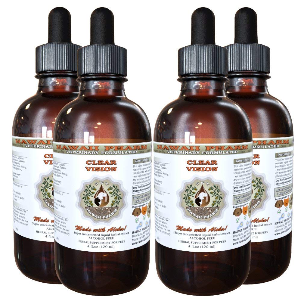 Hawaii Pharm Clear Vision Alcohol-Free Liquid Extract for Pets - Natural Herbal Supplement for Eye Health in Dogs & Cats (4x4 oz) - Supports Vision & Eye Care for Senior Pets