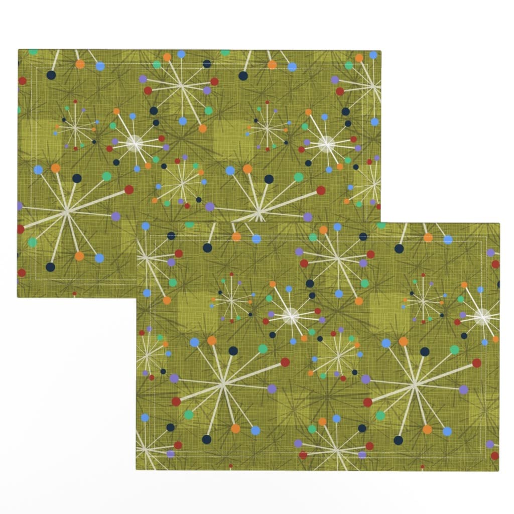 Premium Linen Cotton Canvas Placemats Set of 2 - Mid Century Modern Star Print in Green & Olive | Washable Table Mats for Dining, Kitchen Decor, Dinner Parties & Holiday Entertaining