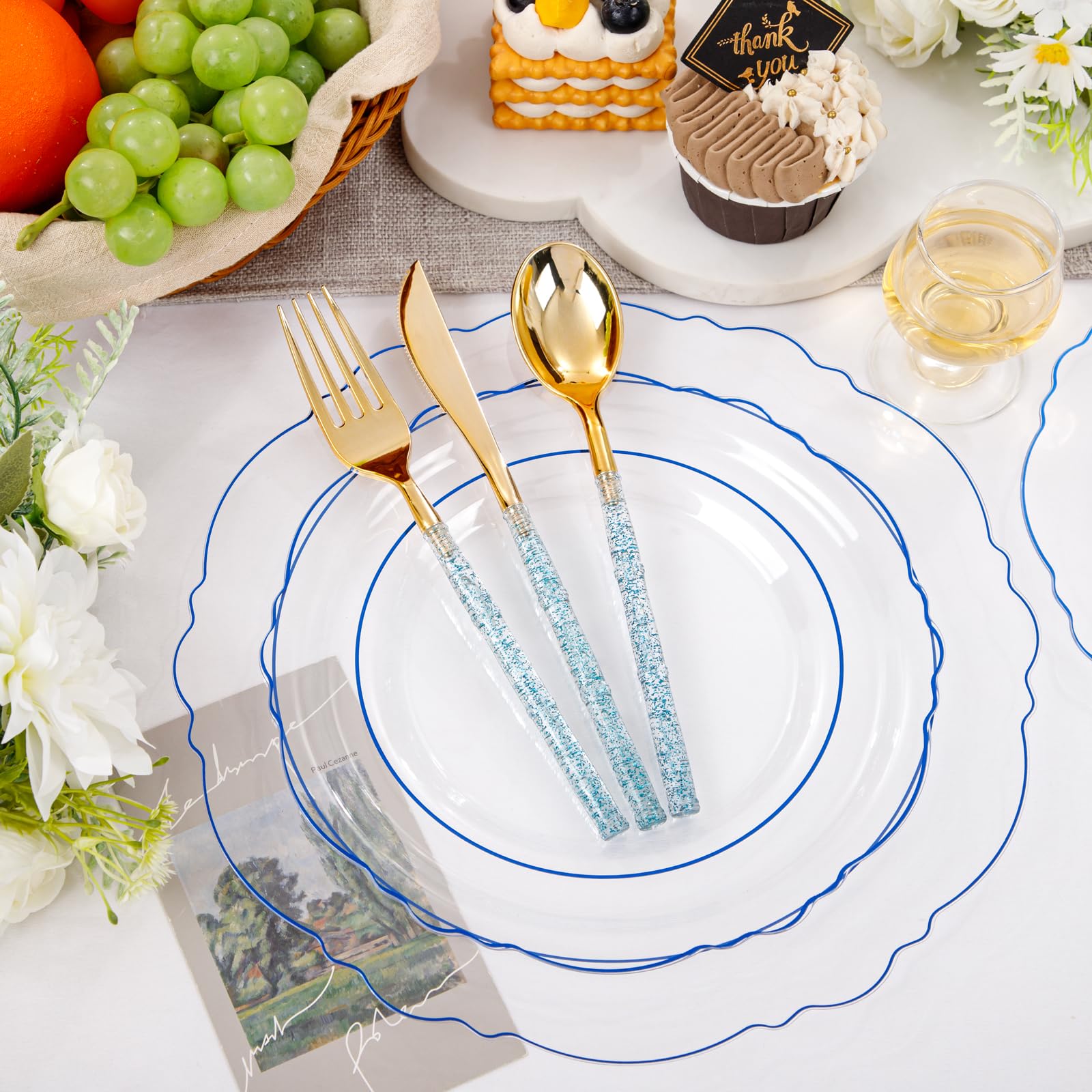 Liacere 150-Piece Clear Blue Plastic Plates Set with Glitter Bamboo Cutlery - Elegant Baroque Disposable Plates (60) & Utensils (30 Forks, 30 Spoons, 30 Knives) for Wedding, Party, Picnic, Summer BBQ and Outdoor Events