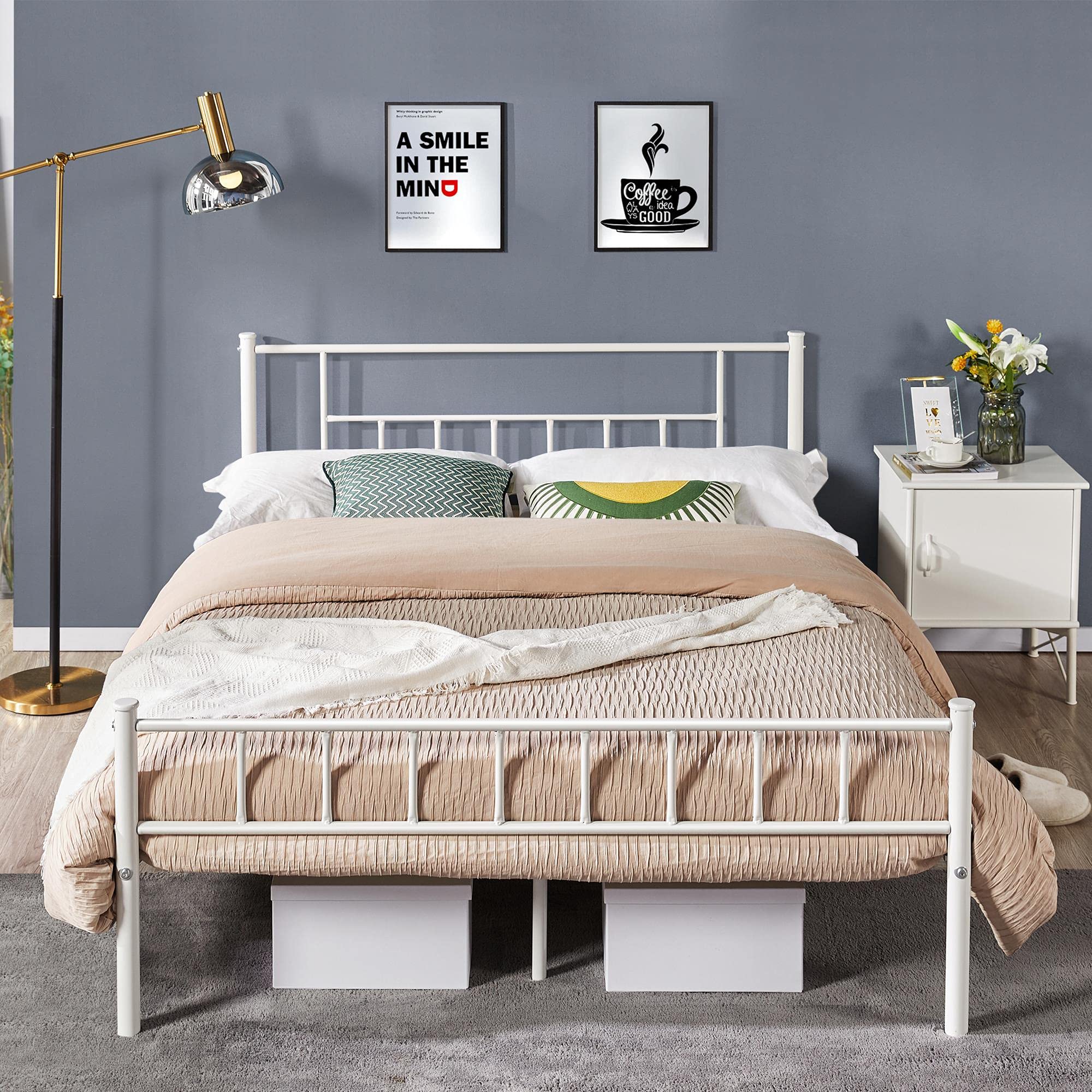Topeakmart Queen Size Metal Bed Frame with Headboard & Footboard - Sturdy Steel Slat Support, No Box Spring Needed, Under Bed Storage - White - Perfect for Modern Bedrooms, Guest Rooms & Small Spaces