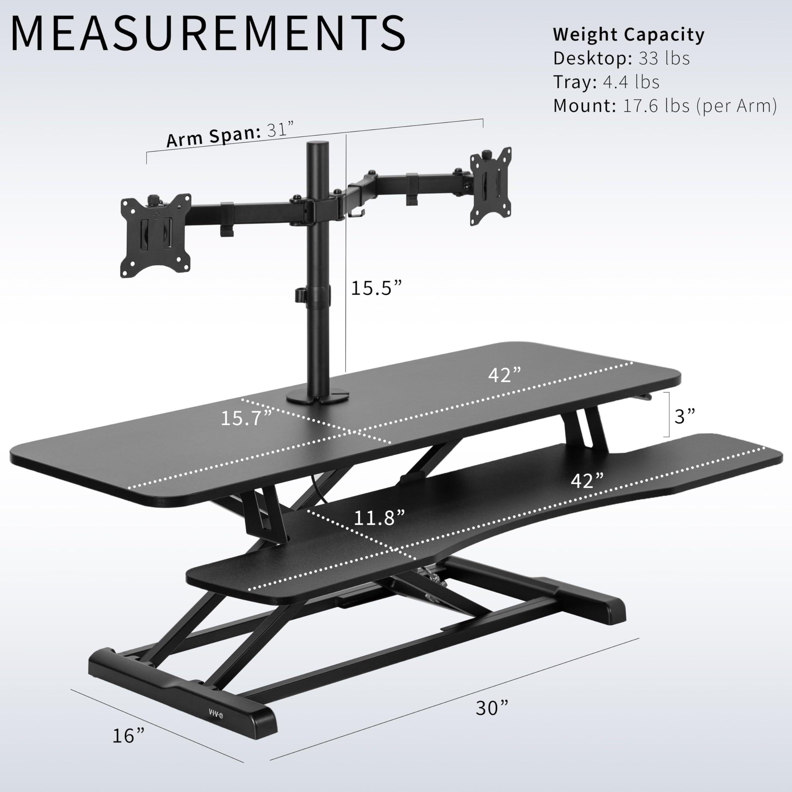 VIVO 42 Inch Height Adjustable Standing Desk Converter with Dual Monitor Stand (13-30 Inch), Sit Stand Workstation & Desk Riser - Black (DESK-V042KB-M2) - Perfect for Home Office, Gaming Setup & Ergonomic Workspaces