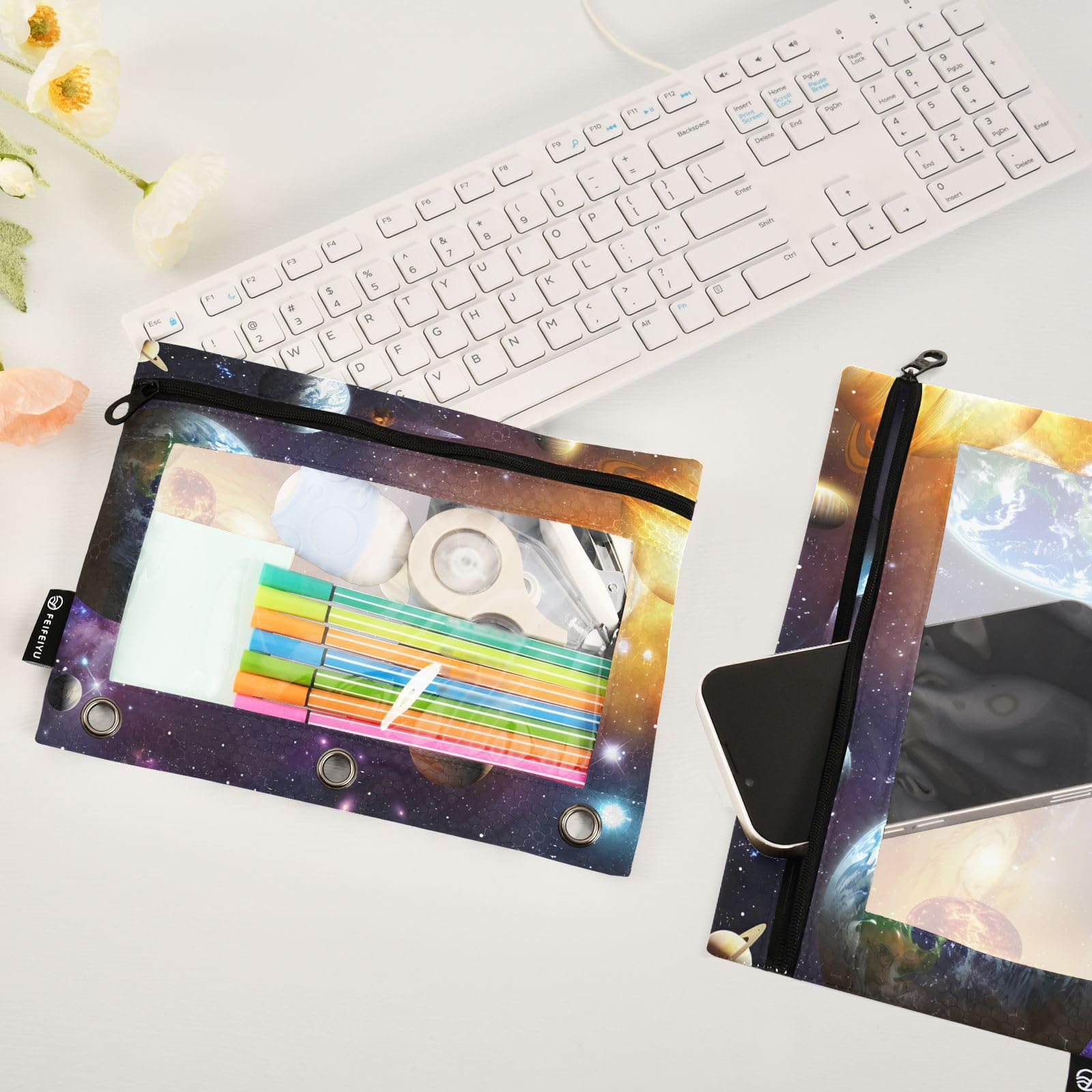 Space Solar System Planet Universe Pencil Pouch for 3-Ring Binders - Large Zippered Pencil Case with Clear Window (2-Pack) - Perfect for School, Office & Stationery Organization
