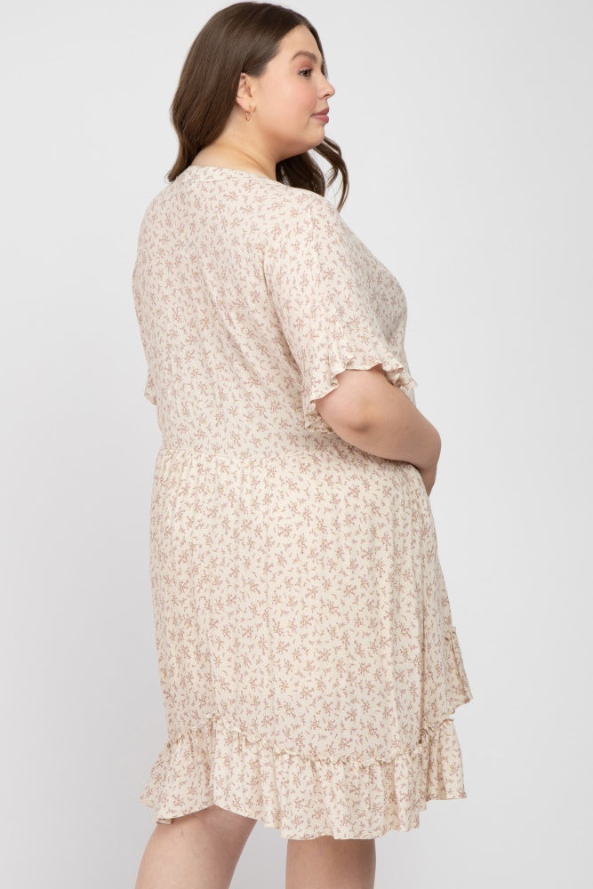 Beige Floral Maternity Dress with Short Sleeves & Ruffle Hem - Plus Size Pregnancy Outfit for Baby Shower, Photo Shoot & Casual Wear