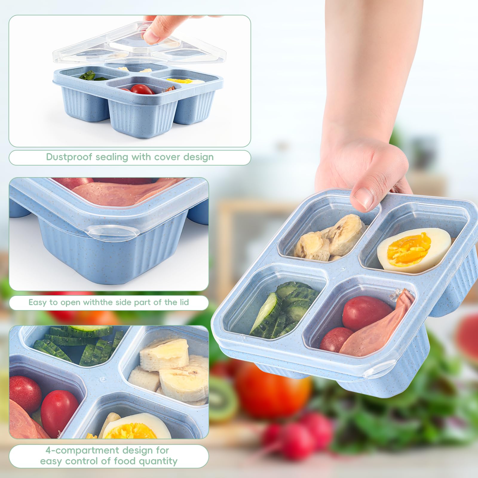 DIMBRAH 4-Pack Reusable Snack Containers with 4 Compartments - Bento Lunch Box for Adults & Kids - Leakproof Food Storage Containers for Work, School, Travel & Picnics - Includes Forks (Perfect for Meal Prep & On-the-Go Snacks)