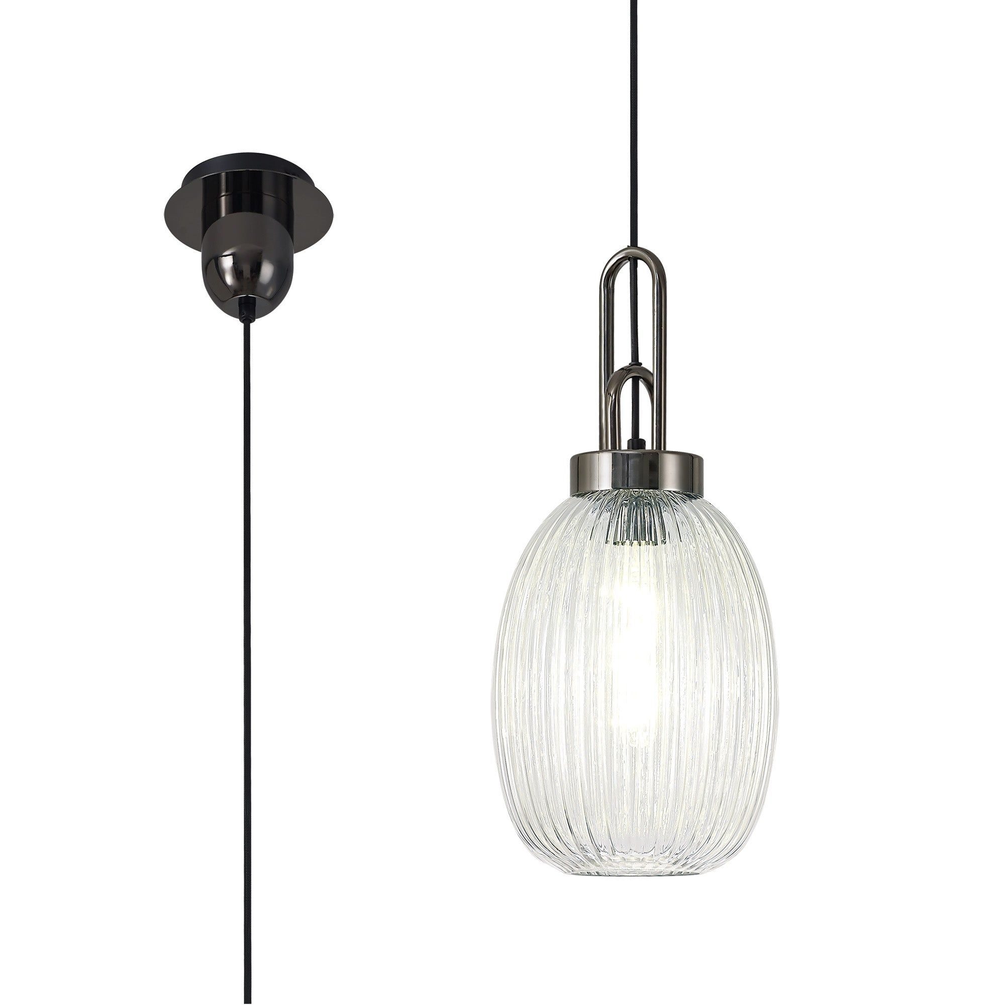 Cadiz 1-Light Pendant Light Fixture with 20cm Almond Ribbed Glass Shade, E27 Socket, IP20 Rated - Perfect for Kitchen Island, Dining Room, or Bedroom Lighting