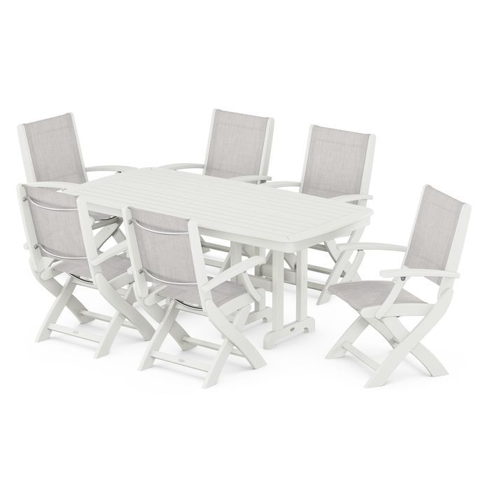 POLYWOOD Coastal Folding Arm Chair 7-Piece Outdoor Dining Set - Perfect for Patio, Deck, Poolside & Beachfront Entertaining