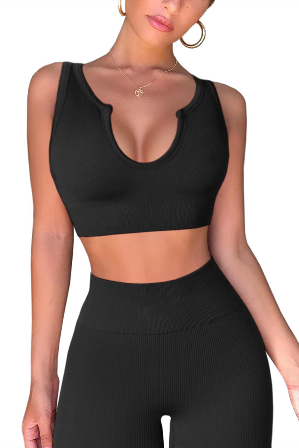 QINSEN Women's 2-Piece Ribbed Seamless Workout Set - Crop Tank Top & High Waist Yoga Leggings | Gym, Yoga, Running & Lounge Wear