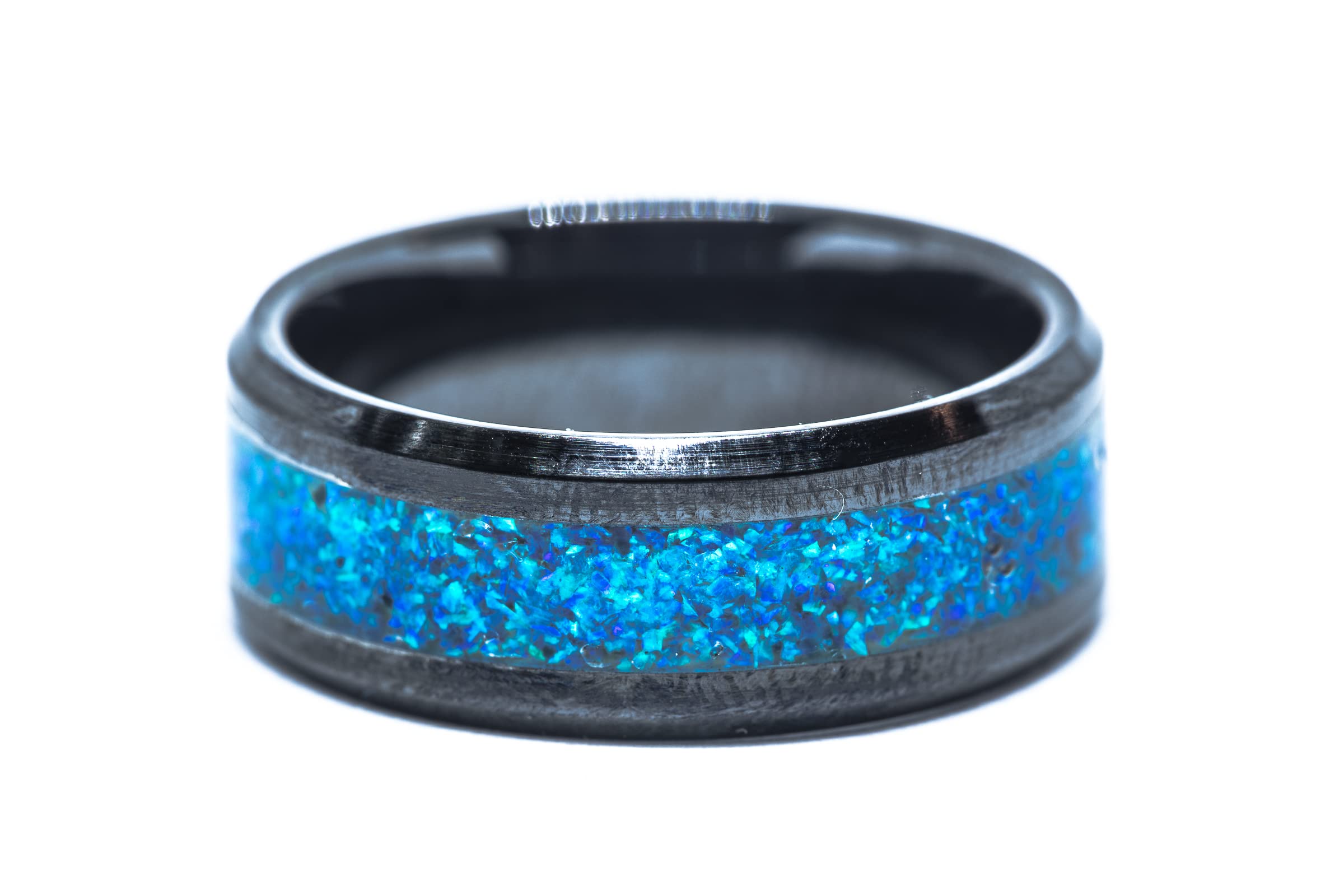 Blue Opal Black Ceramic 8mm Ring for Women | Dainty Stackable Minimalist Jewelry | Gift for Her, Wedding, Anniversary, Everyday Wear