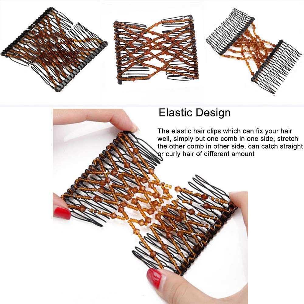 3 Pcs Crystal Bead Hair Combs - Magic Elastic Hair Clips & Stretchy Hair Barrettes for Women - Double Hair Claw Clips Set - Perfect for Updos, Ponytails & Everyday Styling