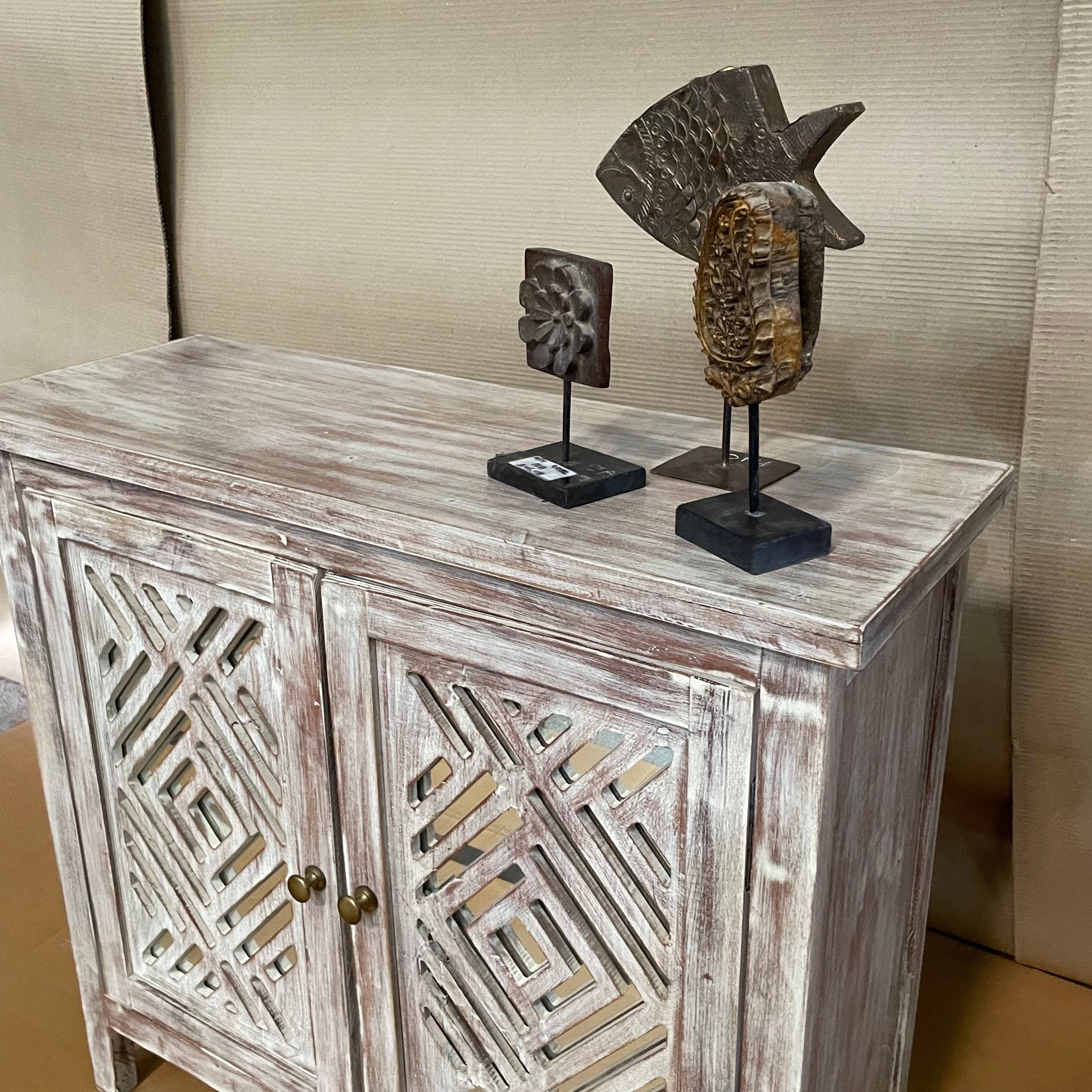 Handcrafted Indian Solid Hardwood Cabinet with 2 Mirror Doors - Traditional Carved Wooden Storage for Living Room, Bedroom & Entryway
