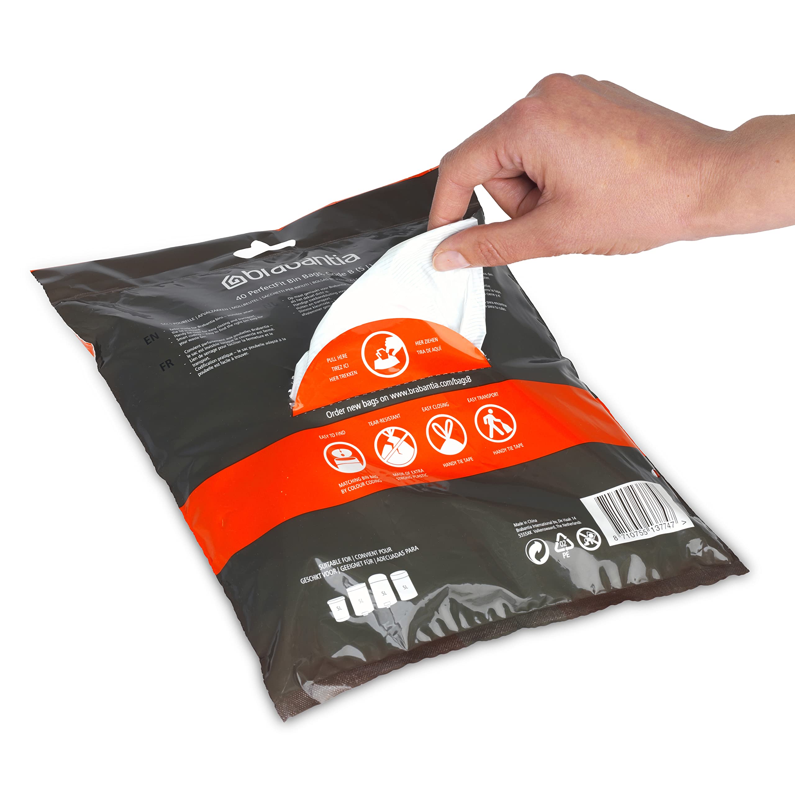 Brabantia PerfectFit Trash Bags Size B 1.3 Gallon - Thick Plastic Trash Can Liners with Drawstring Handles (40 Count) - Ideal for Small Bathroom, Office, or Bedroom Waste Bins