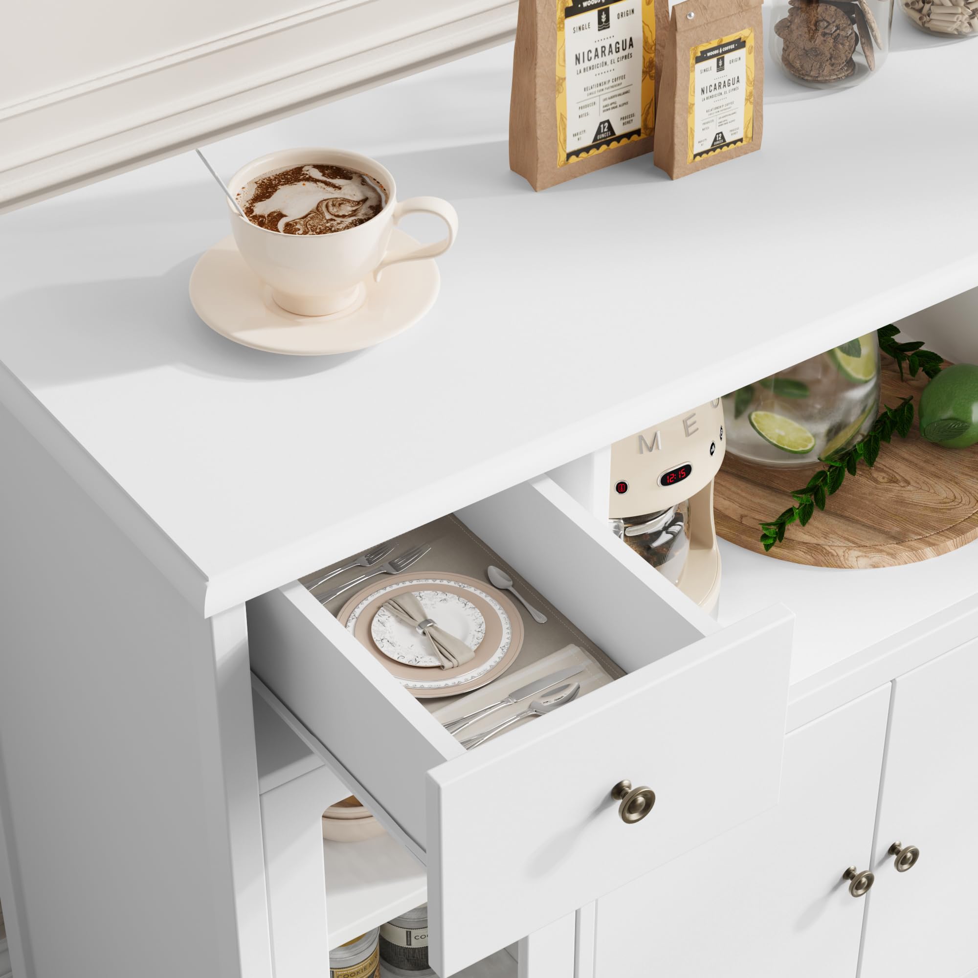 HORSTORS 3-Door Storage Cabinet with Adjustable Shelves & Drawer - White Kitchen Buffet Sideboard for Microwave, Dining Room & Home Organization