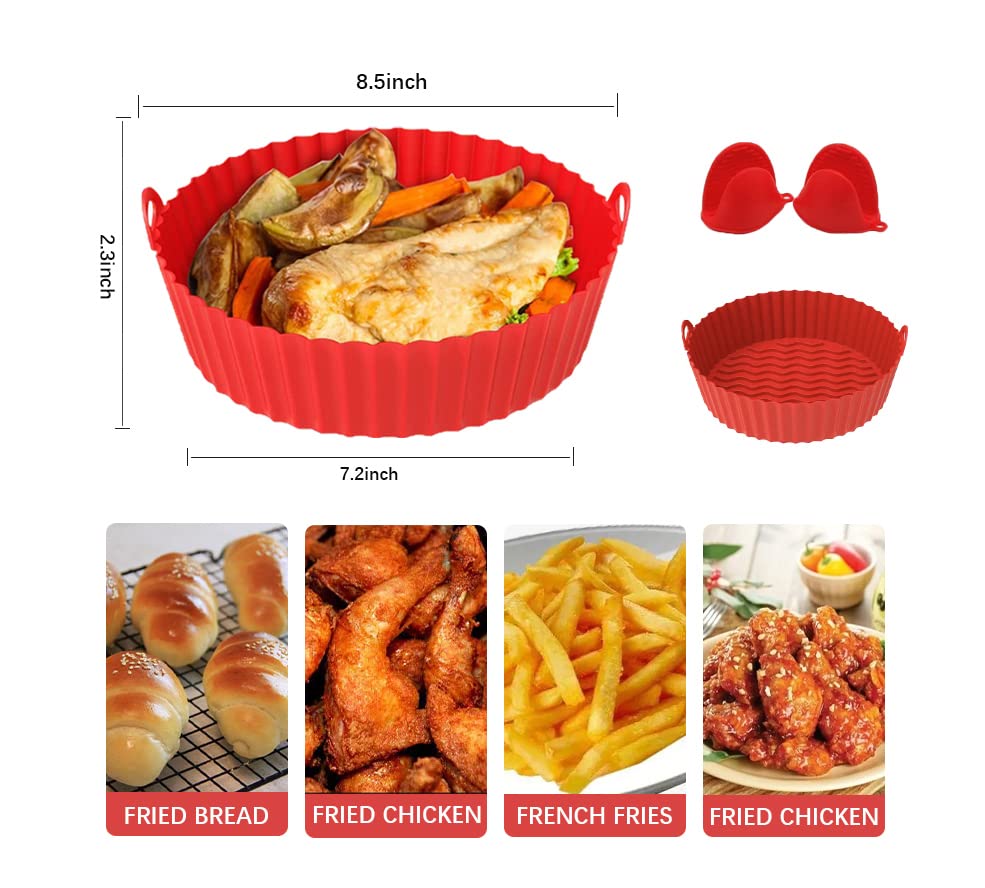 8.5-Inch Air Fryer Basket with 2 Kitchen Gloves - Reusable Silicone Accessories for 5-8 Qt Air Fryers (Red) - Perfect for Healthy Frying, Roasting, and Baking at Home