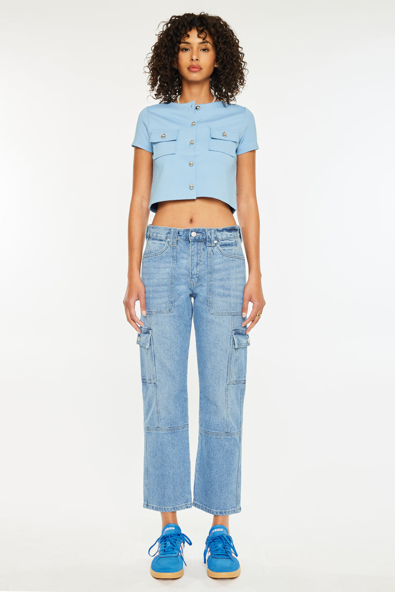 Aaliyah High Rise Slim Straight Leg Cargo Jeans for Women - Stretch Denim Pants with Multiple Pockets | Perfect for Casual Wear, Outdoor Adventures & Street Style Fashion
