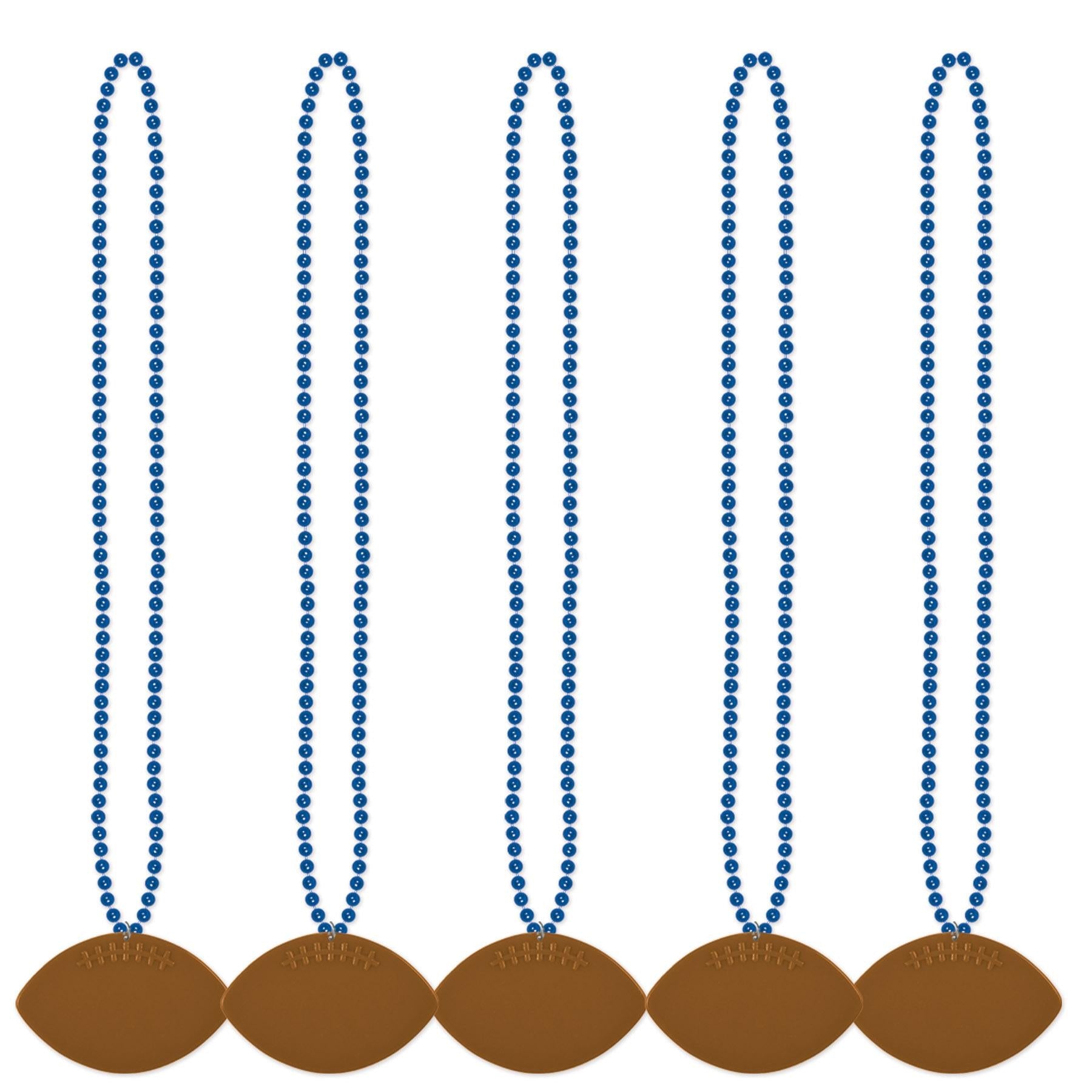 12 Pack Blue Party Bead Necklaces with Football Medallion - Bulk Mardi Gras Beads for Football Games, Super Bowl Parties & Festive Celebrations