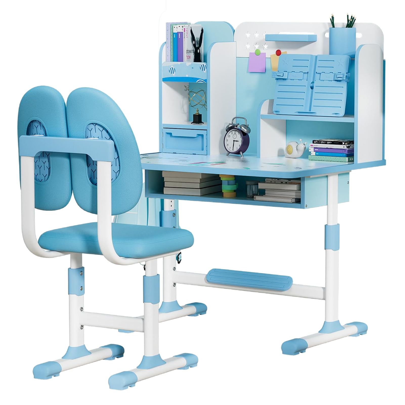 Frogued Adjustable Kids Study Desk and Chair Set - Ergonomic Height Adjustable Children's Writing Table with Storage Drawer, Bookshelf & Astronaut Design (Blue) - Perfect for Homework, Reading & Online Learning in Bedroom or Playroom