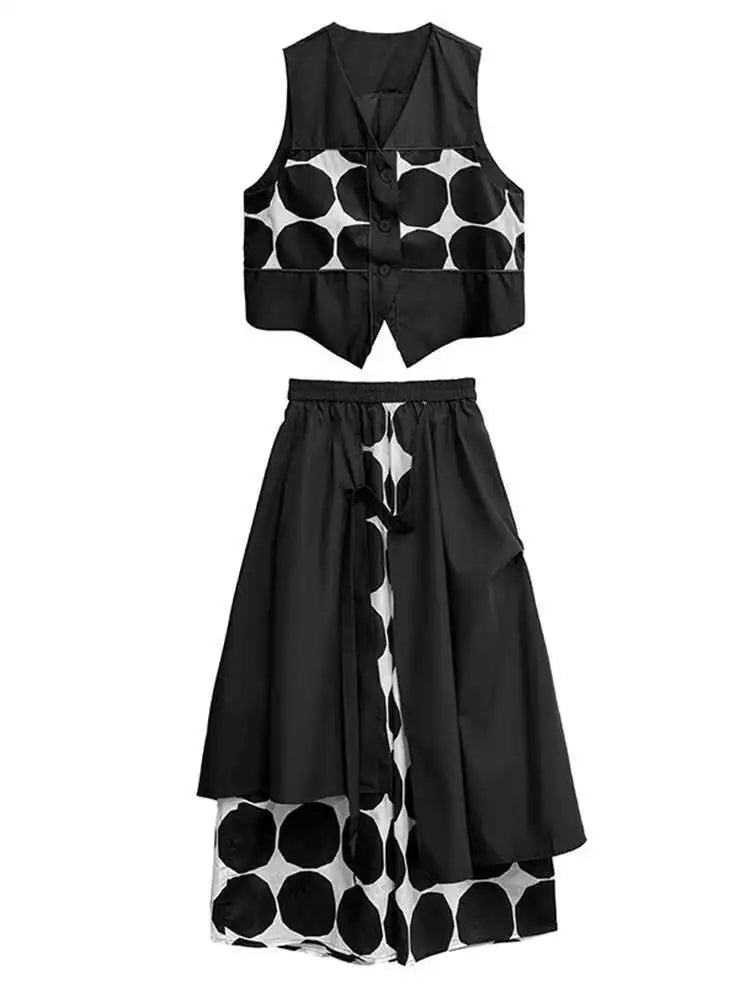 Plus Size Black Polka Dot Vest & Wide Leg Pants 2-Piece Set - Women's Fashion V-Neck Sleeveless Outfit for Spring/Fall 2025 | Office Wear, Casual Chic, Party Outfit