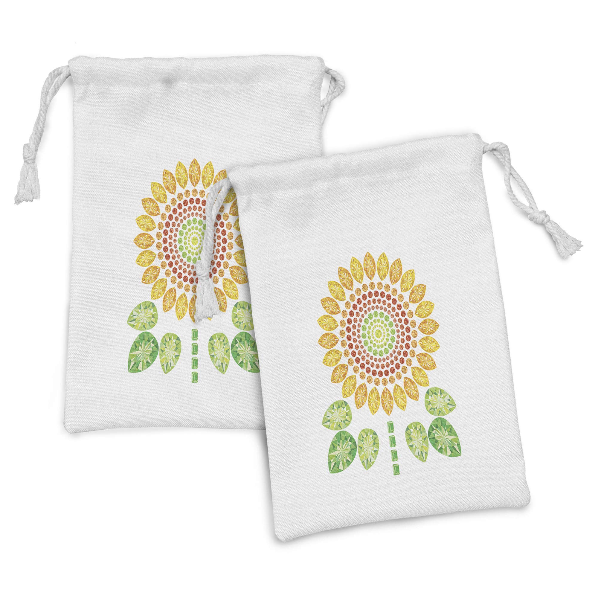Ambesonne Sunflower Fabric Pouch Set of 2 - Round Flower Mandala Design with Diamond & Pearl Print - Small Drawstring Bags for Toiletries, Masks, Jewelry & Party Favors (9