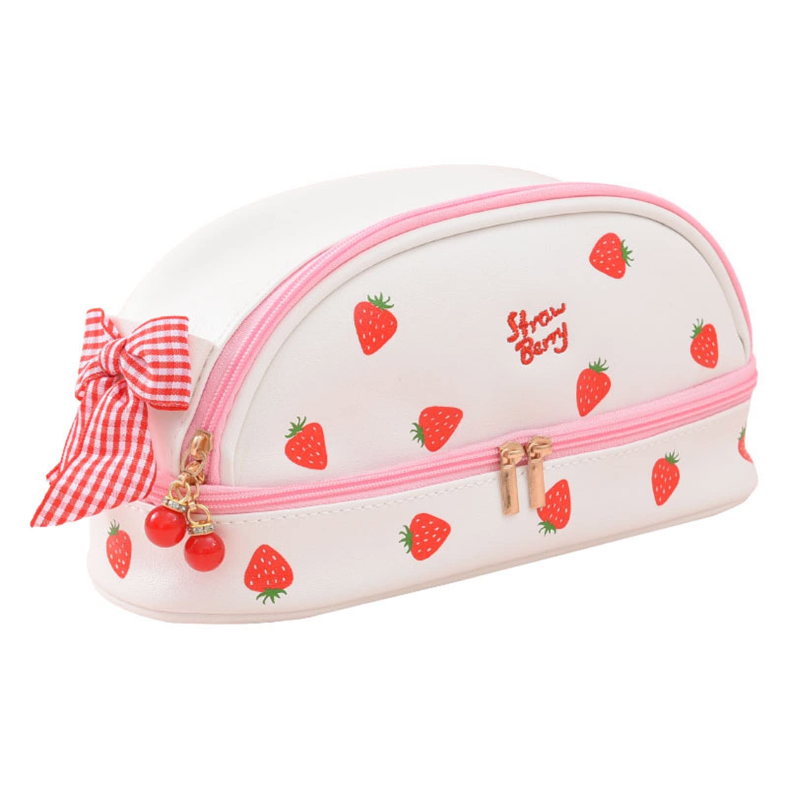 Cute Kawaii Strawberry Pattern Pencil Case - Cartoon Pink School Pencil Bag with Bow for Girls, Kids & Teens | Perfect for School, Office & Art Supplies Organization (White Strawberry Design)