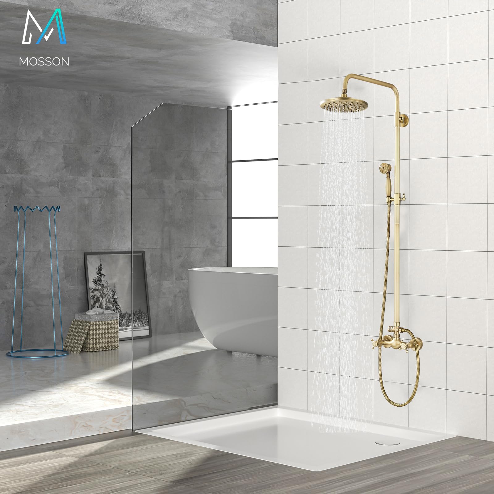 Antique Brass Shower System - 8 Inch Rainfall Shower Head & Handheld Spray - Wall Mounted Bathroom Faucet Set with 2 Cross Handles - Solid Brass Construction - Perfect for Outdoor Showers, Master Bathrooms & Spa-Like Experiences