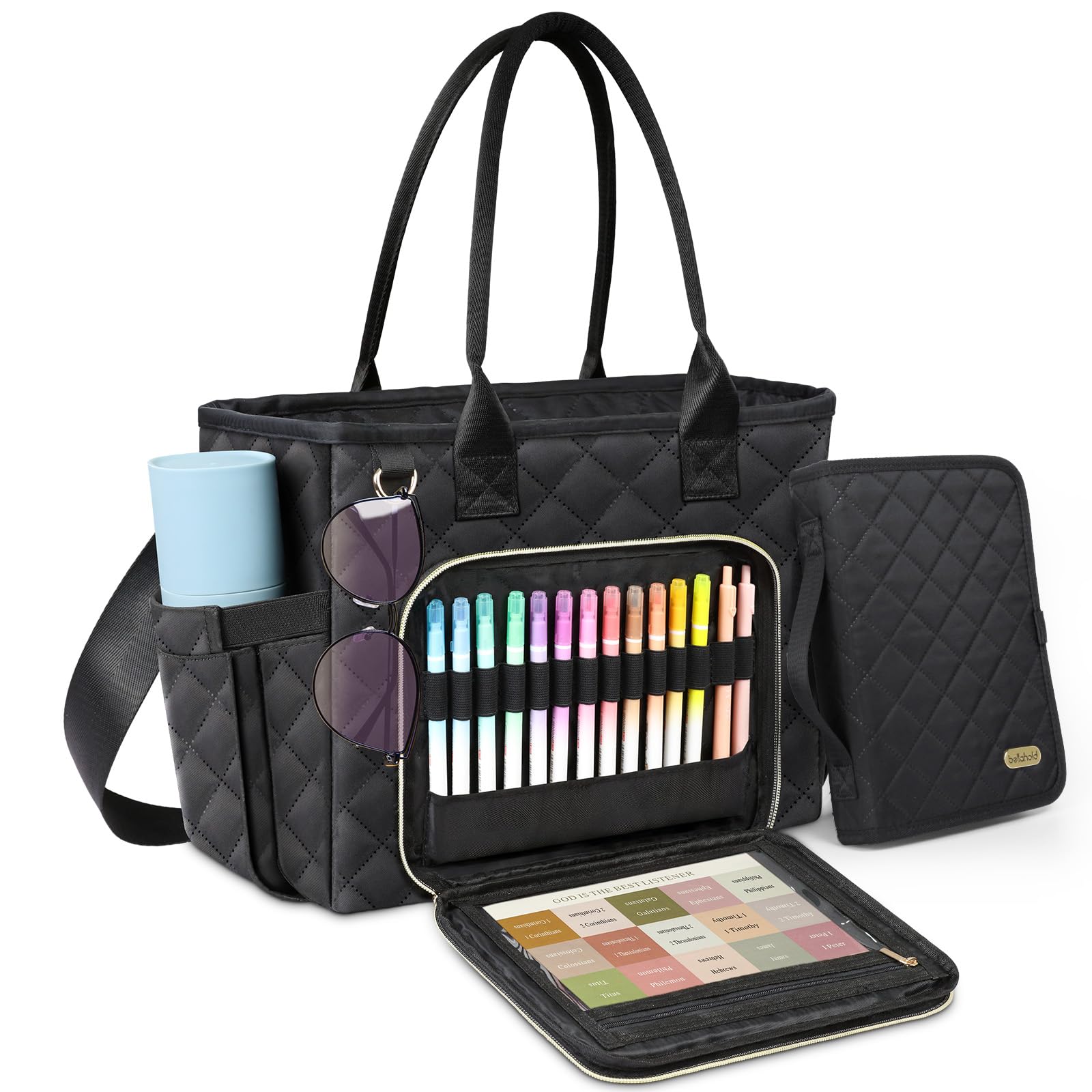 Premium Large Bible Bag for Women - Durable Quilted Bible Cover with Shoulder Strap, Church Tote for Bible Study Supplies | Perfect Christian Gift for Church, Prayer Meetings & Daily Devotion (Black)