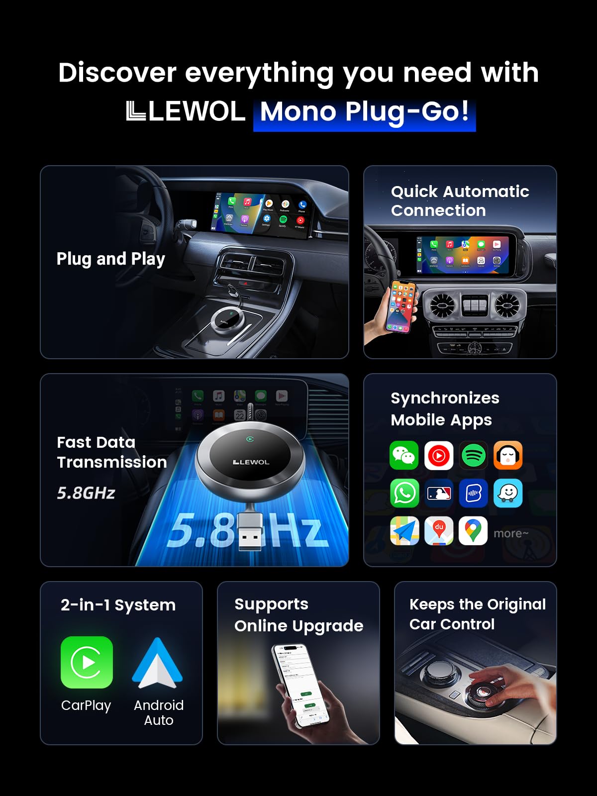 Wireless CarPlay Adapter 2024 - Fast Connection Plug-Go Dongle for Factory Wired to Wireless CarPlay & Android Auto - Compatible with Cars from 2015, iPhone 6/iOS 10+, Android 11+ - Perfect for Hands-Free Driving & Seamless Music Streaming