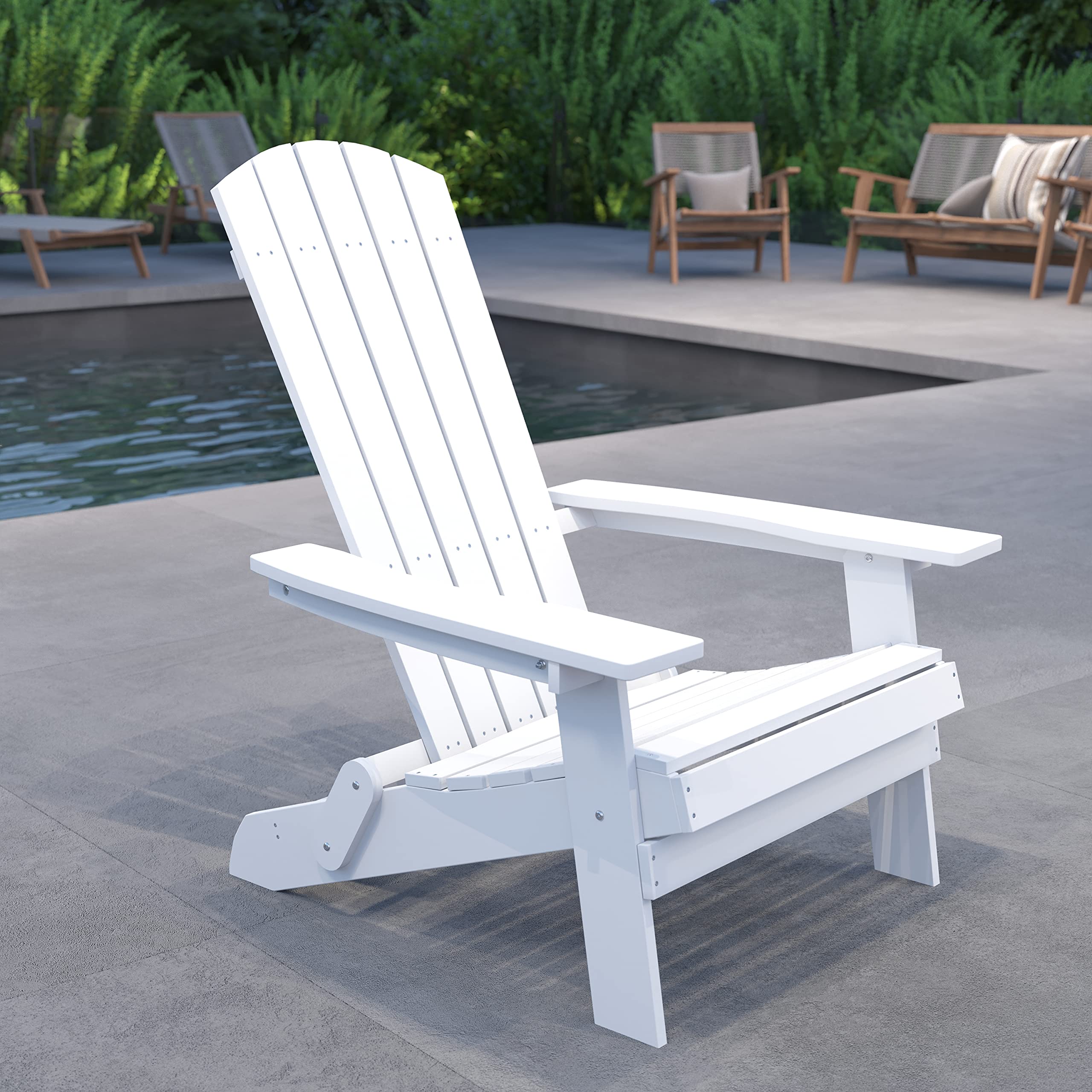 Merrick Lane Riviera Poly Resin Folding Adirondack Lounge Chair - White - Indoor/Outdoor Use - Weather Resistant Patio Furniture for Poolside, Garden & Backyard Relaxation