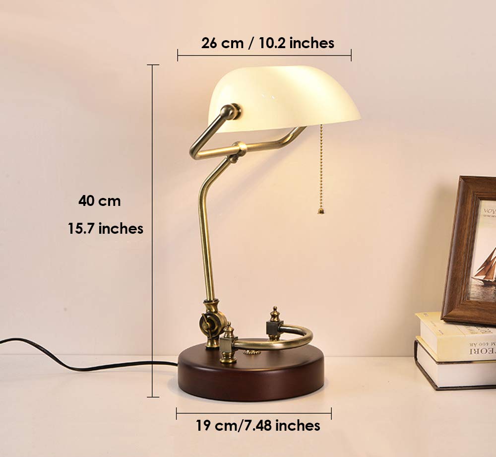 Vintage White Bankers Lamp with Glass Shade - Solid Wood Antique Desk Lamp for Office, Study & Reading - Classic Literature & Art Inspired Lighting - Perfect for Home Office, Library & Study Room