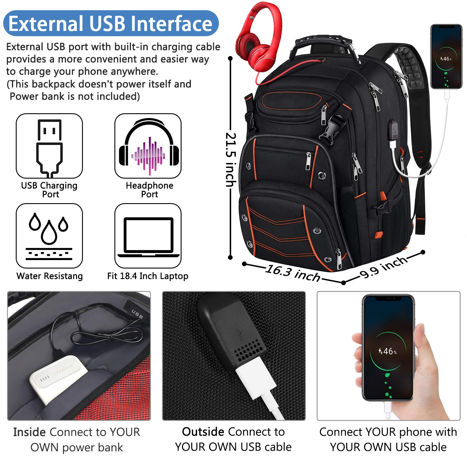 VECKUSON 18.4 Inch Large Laptop Backpack for Men - 55L Extra Big Gaming Backpack with USB Charging Port, TSA Approved Flight Friendly & RFID Anti-Theft Pockets - Perfect for Travel, Work & College Students