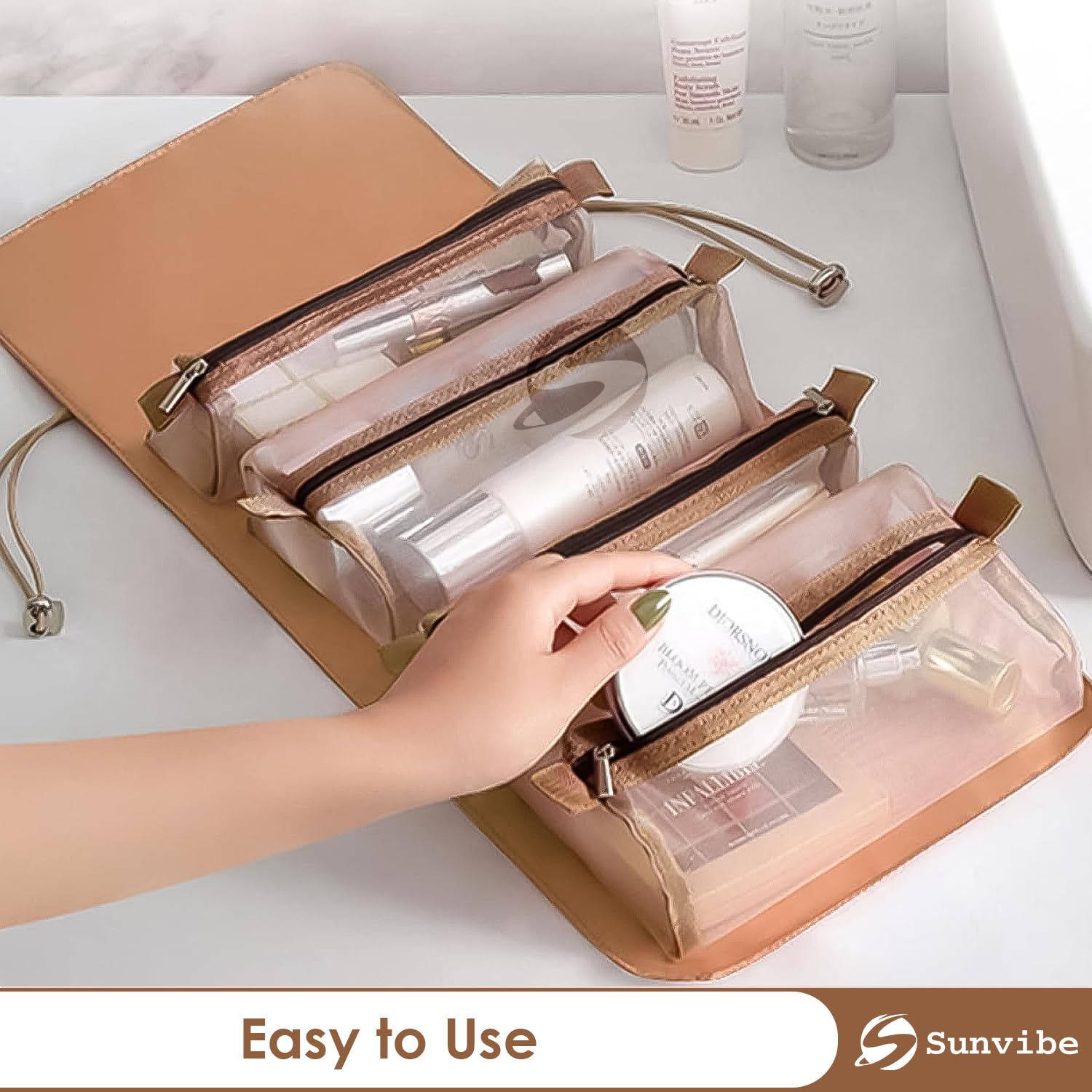 SUNVIBE® 4-in-1 Foldable Hanging Cosmetic Organizer Bag for Women | Travel Toiletry Storage Pouch | Water-Resistant Makeup Bag (Khaki) | Perfect for Vacation, Gym & Daily Use