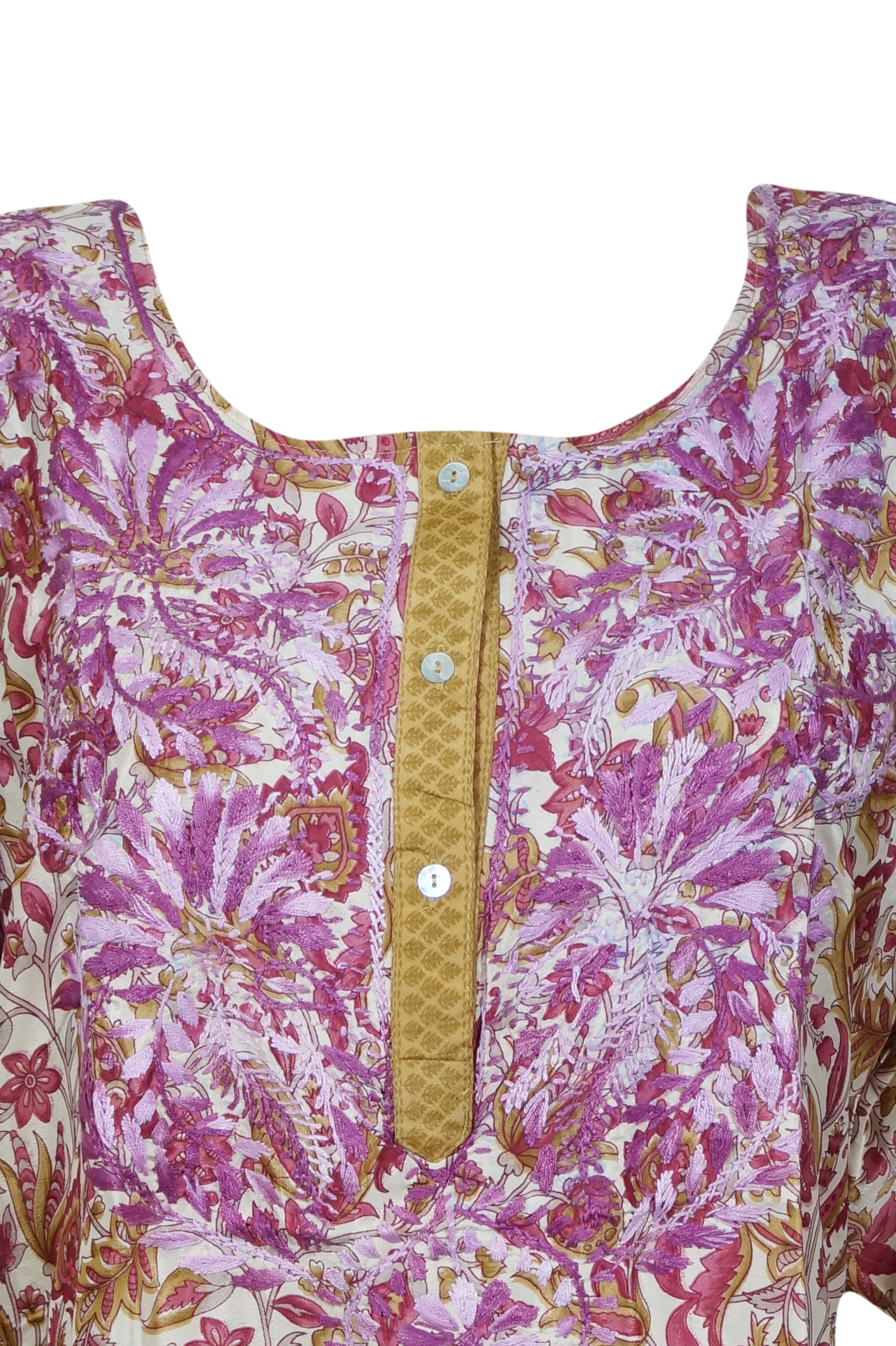 Boho Silk Short Kurti for Women - Hand Embroidered Pink Floral Tunic Top 2XL | Summer Casual Wear, Beach Cover Up, Festival Outfit, Boho Chic Fashion