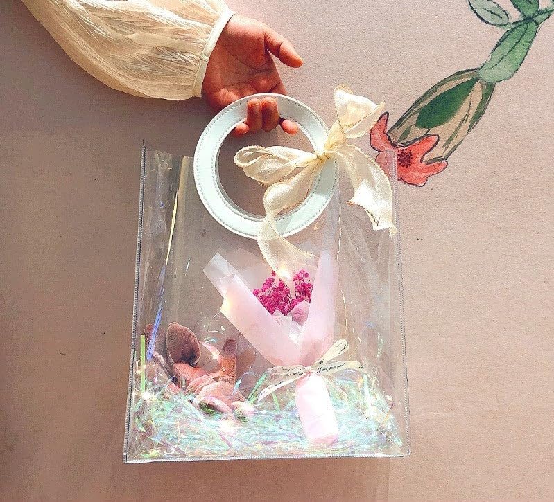 Clear PVC Gift Bags with Round Handles - Medium to Large Size (1-Count) | Perfect for Wedding, Baby Shower, Birthday Party & Retail Shopping | Durable Polyvinyl Chloride Gift Wrap Bags for Party Favors & Special Occasions