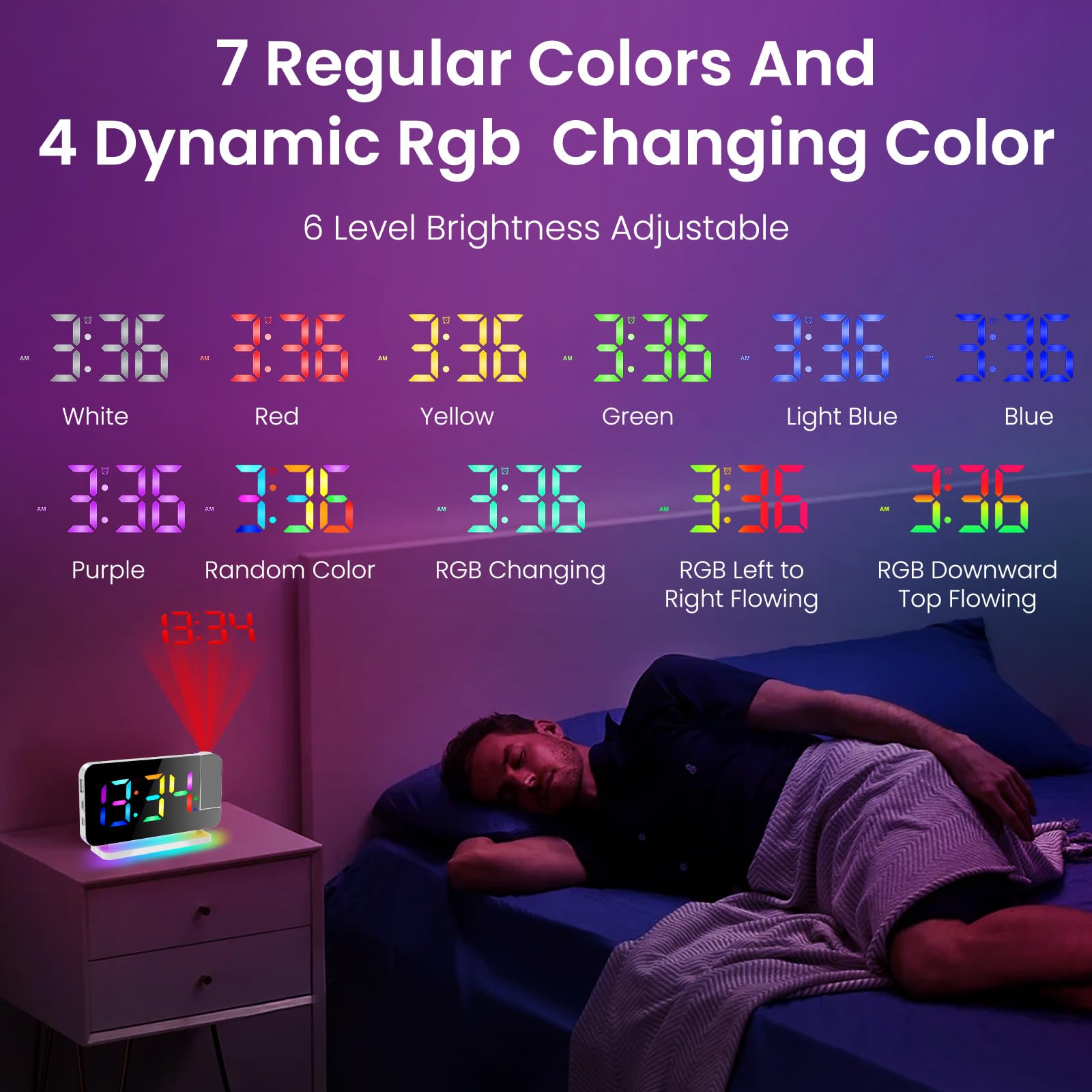 Digital Projection Alarm Clock with LED Mirror Display - 180° Rotatable Projector, RGB Night Light, USB Charger, Auto Dimmer & Snooze Function | Perfect for Bedrooms, Home Office & Travel (White)
