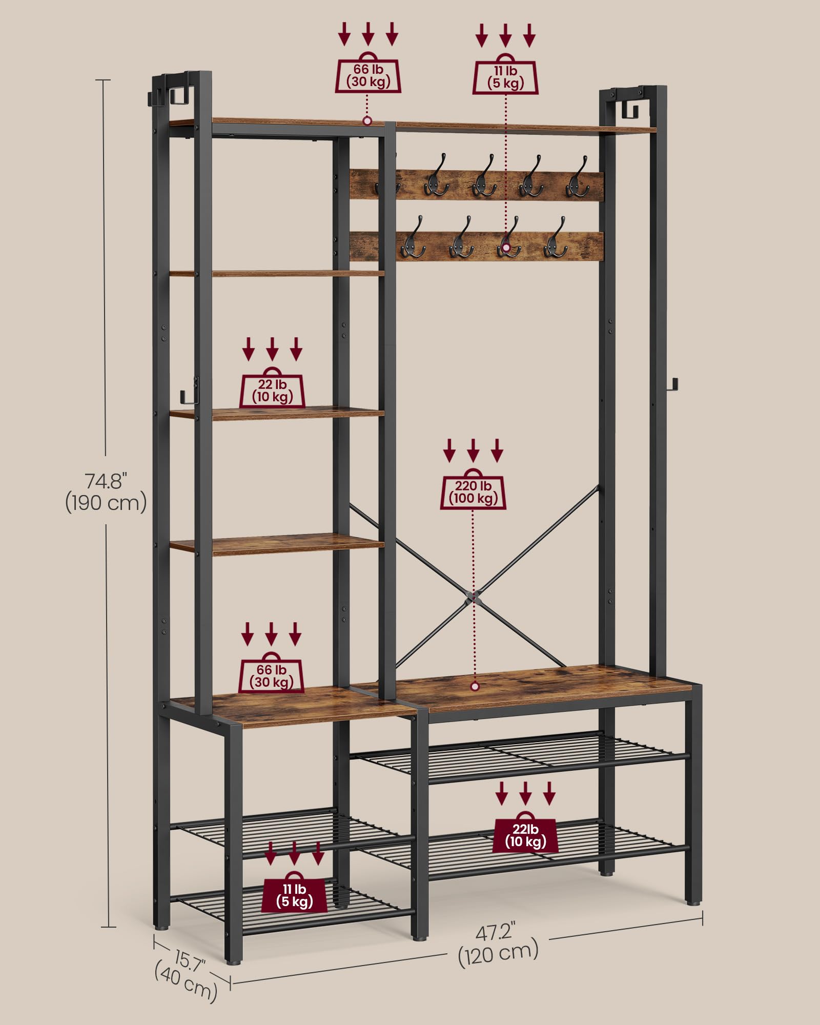 VASAGLE Entryway Hall Tree with Bench - 5-Tier Shoe Storage, 9 Coat Hooks & 6 Side Hooks - Rustic Brown & Black Coat Rack Organizer (47.2