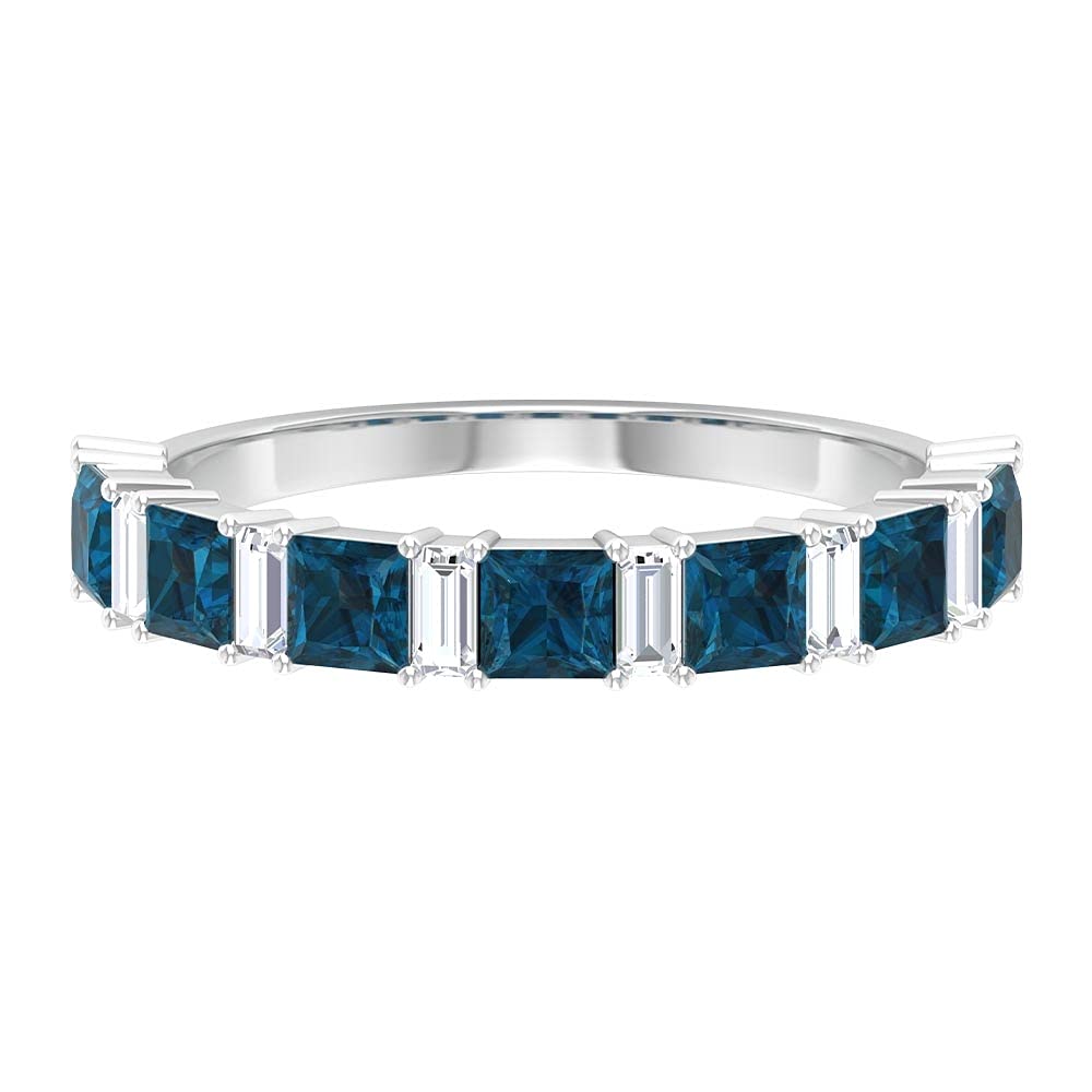 1 CT London Blue Topaz & Diamond Semi Eternity Ring for Women - 14K Solid Gold Wedding Band, Anniversary Gift, Stackable Ring for Everyday Wear