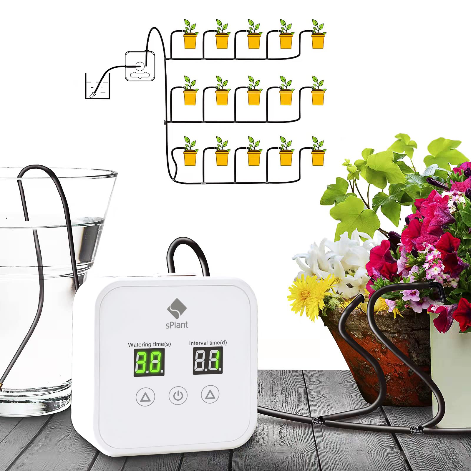 Upgraded sPlant High-Power Automatic Drip Irrigation Kit for 15 Potted Plants - Indoor Self-Watering System with 30-Day Programmable Timer & Weekday Scheduling - Perfect for Vacation Care, Home Gardening, and Office Plants