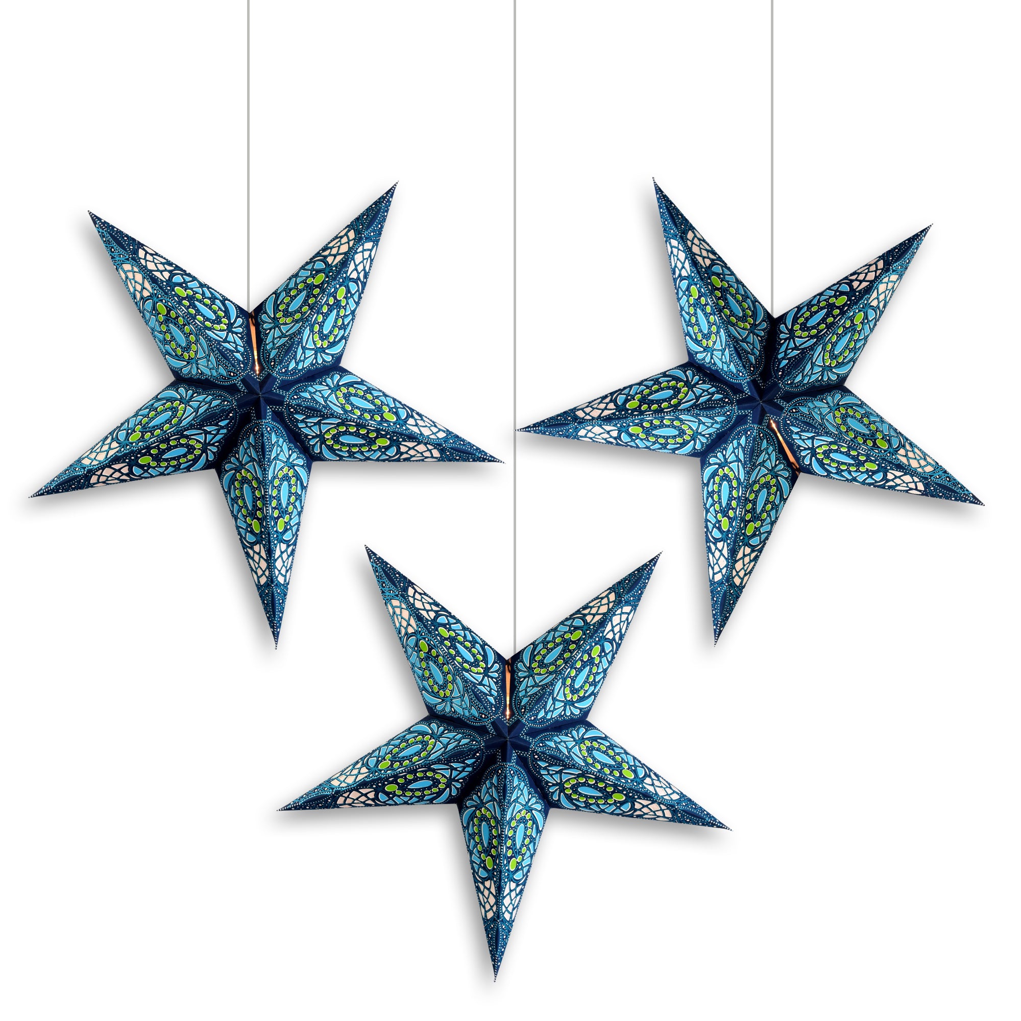 3 Pack 24 Inch Blue Galactic Glitter Paper Star Lanterns with Triple Pendant Lights - Perfect for Bedroom Decor, Party Lighting & Boho Home Decoration