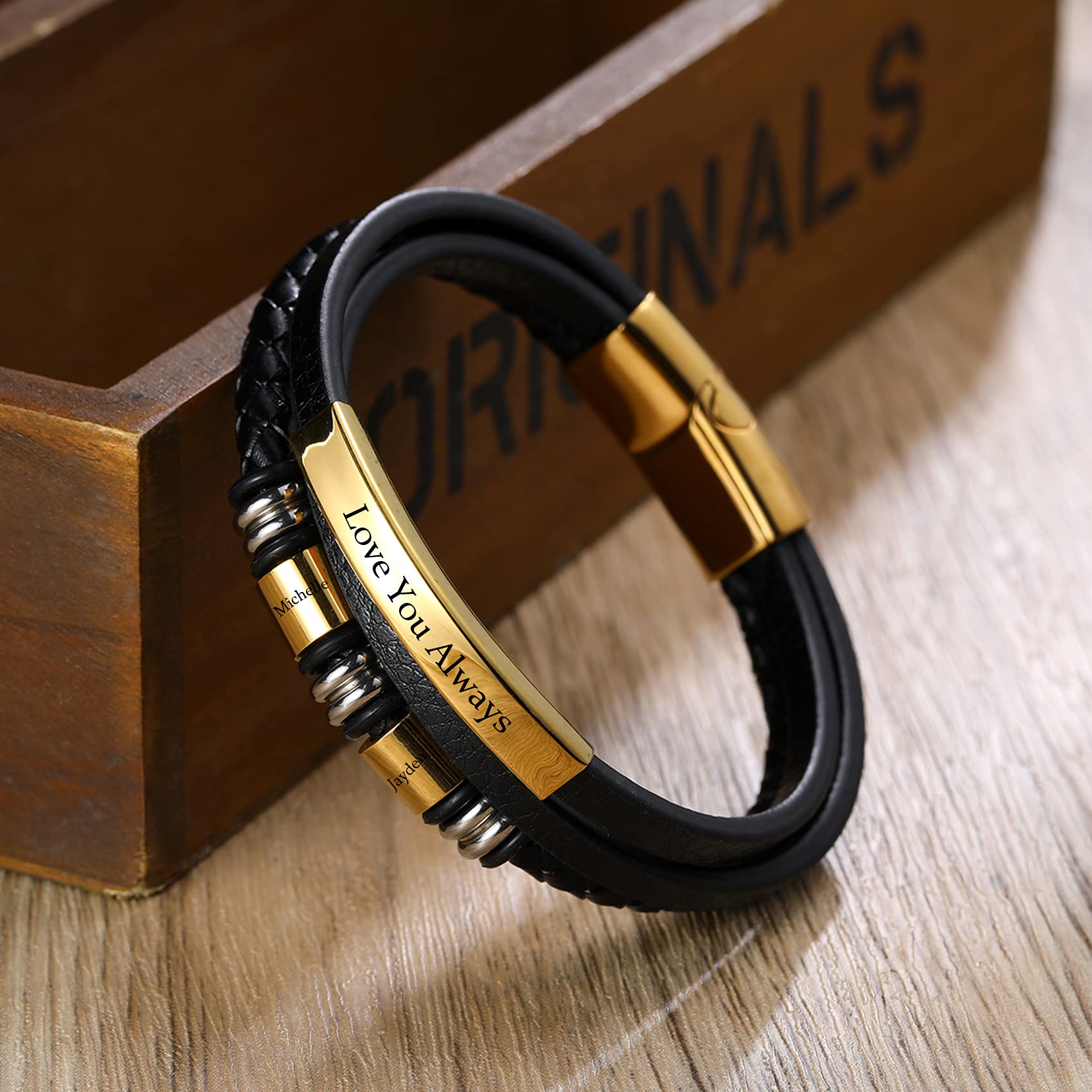 Custom Engraved Men's Leather Bracelet with 2-4 Name Beads - Personalized Gift for Dad, Son, Boyfriend & Husband - Perfect for Father's Day, Anniversary & Birthday Gifts