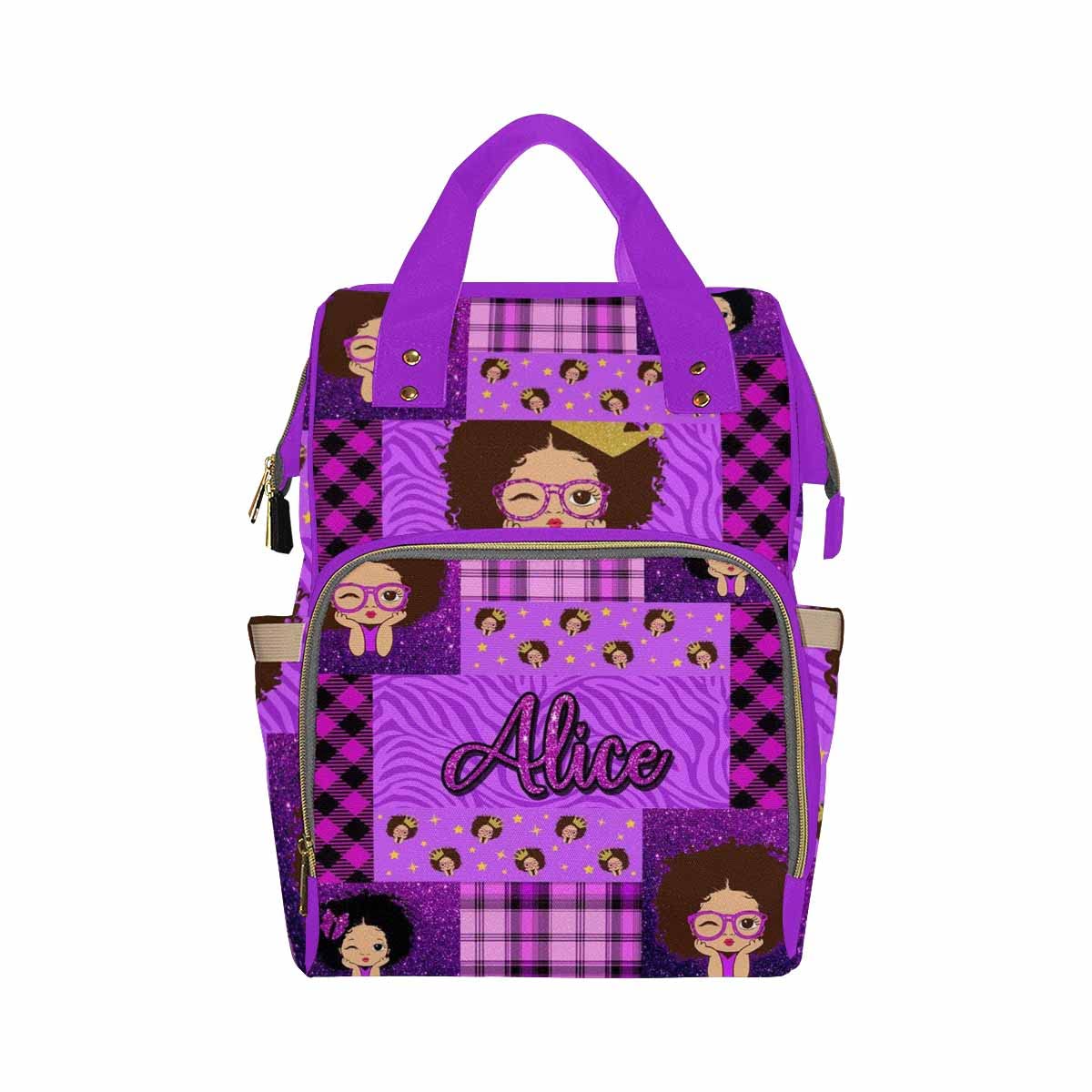 Custom Personalized Purple Grid Shoulder Mommy Backpack for Women & Girls - Large Capacity Travel Diaper Bag with Name Embroidery - Perfect for New Moms, American Princess Style Laptop Bag (Great for Work, Travel & Baby Essentials)