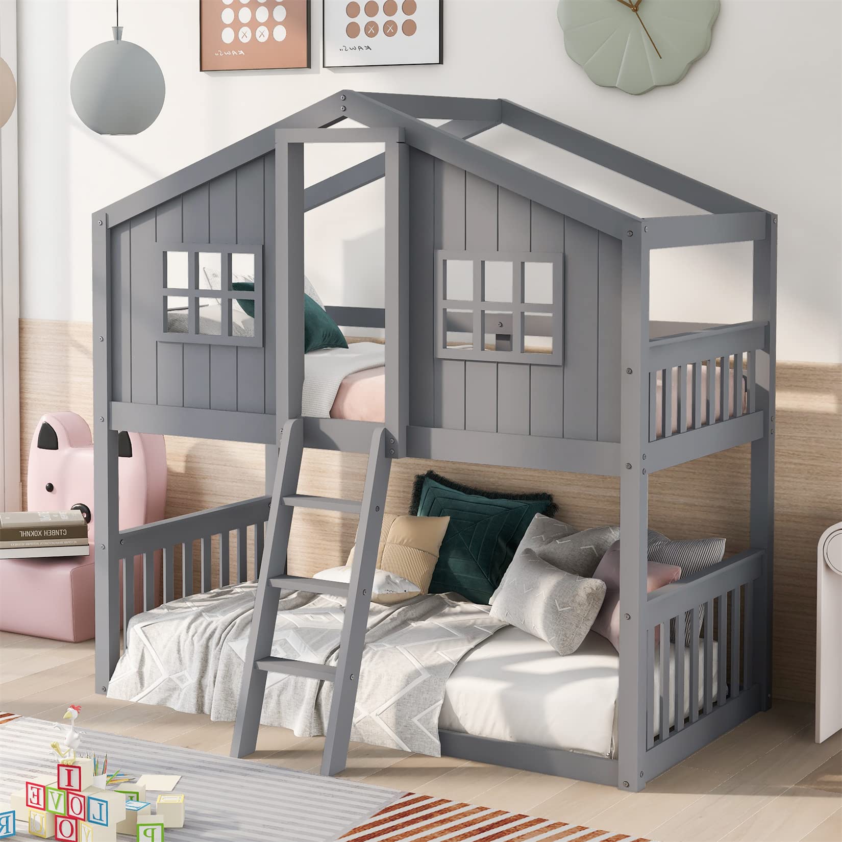 Bellemave Twin Over Twin Low Bunk Beds - Wooden Playhouse Loft Bed Frame for Kids, Boys, Girls & Teens - Space-Saving Gray Bunk Bed for Small Rooms, Shared Kids Bedroom & Sleepovers