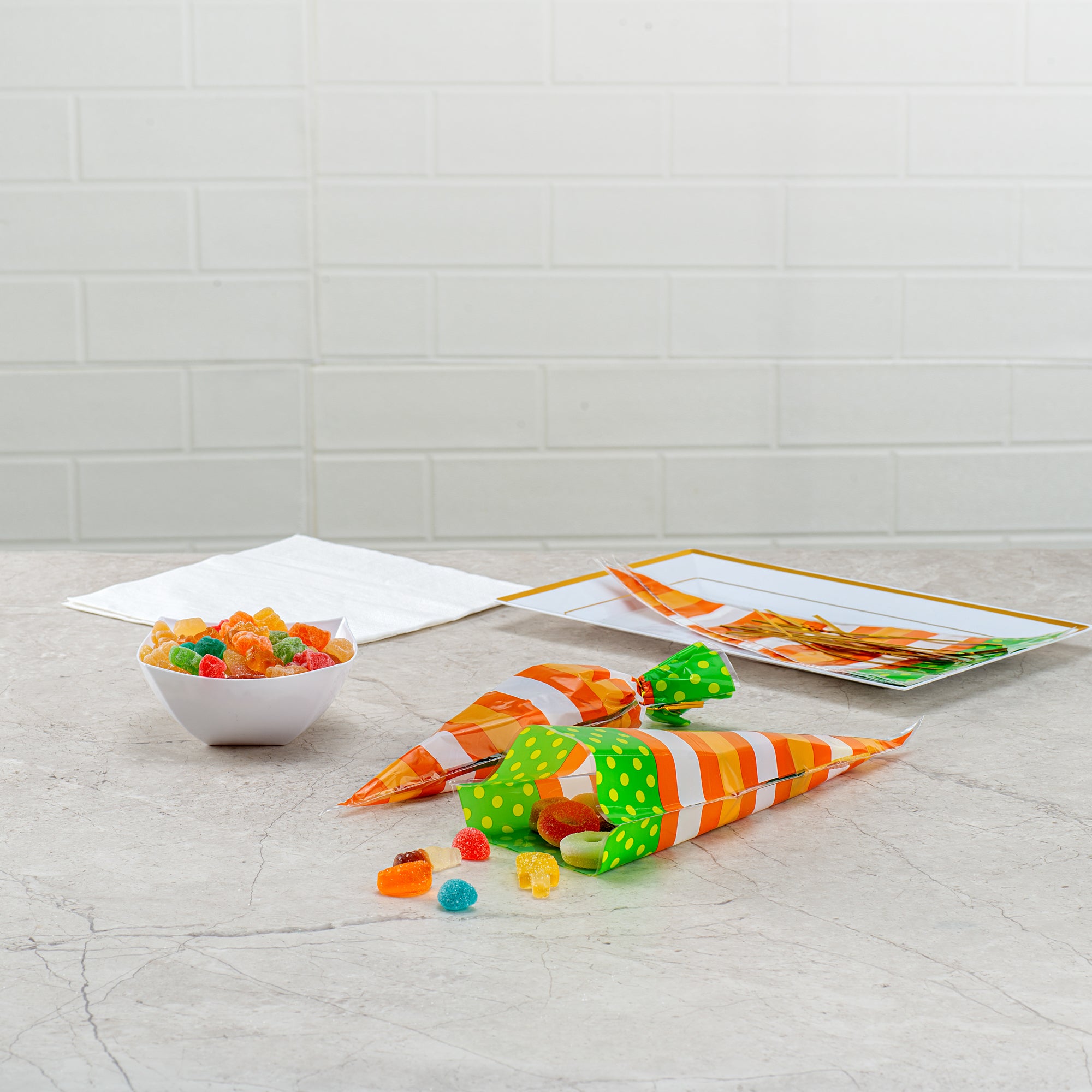 Plastic Cone Bags with Stripes & Polka Dots - 6x11 Inches, 100 Count Box - Perfect for Candy, Snacks, and Party Favors