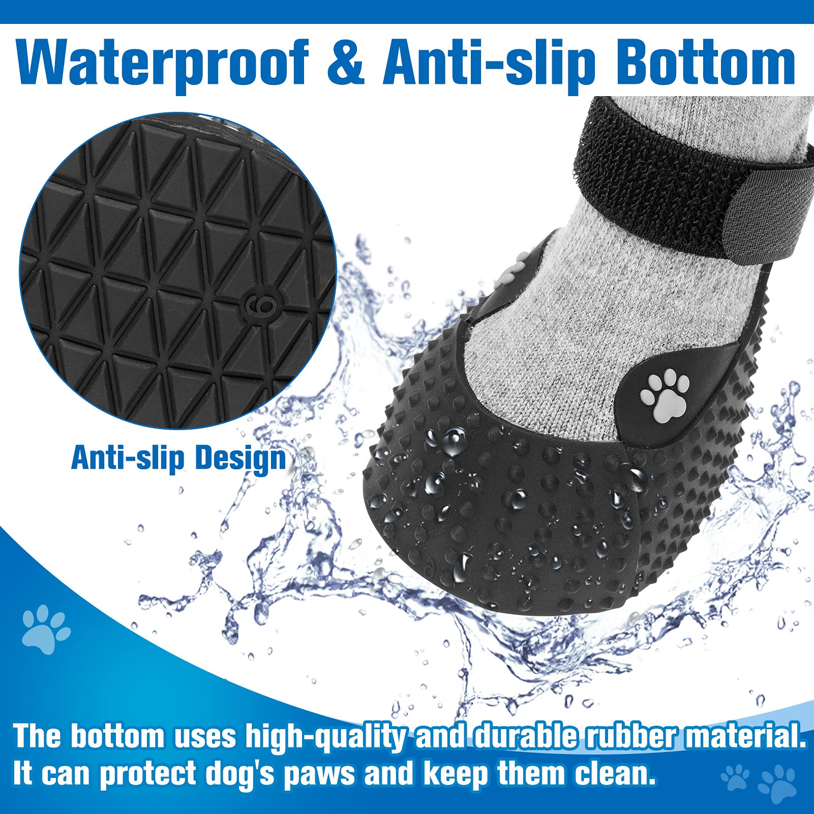2 Pairs Non-Slip Dog Socks with Rubber Sole - Waterproof Pet Booties for Small & Medium Dogs - Protective Dog Shoes for Outdoor Walking, Running, Hiking & Winter Use