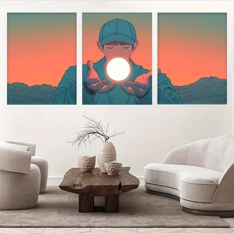 3-Piece Boy Holding Glowing Sphere in Desert Wall Art Set - Framed Canvas Prints 40x60cm - High Quality Australian Made Wall Decor - Perfect for Living Room, Bedroom & Office Decor