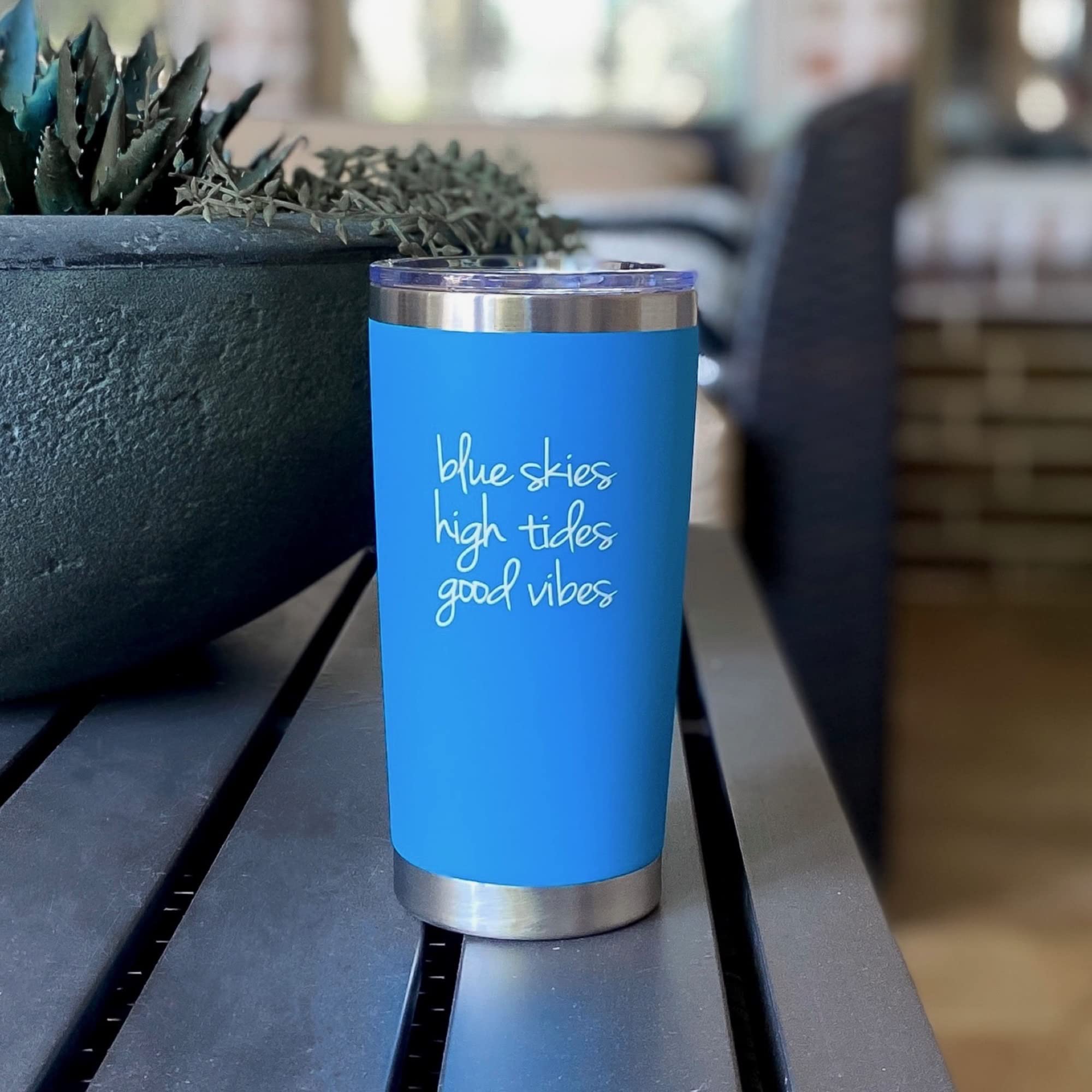 Blue Skies High Tides 20 oz Tumbler - Light Blue Beach & Lake Travel Mug, Tropical Vacation Gift for Beach Days, Lake Getaways, and Outdoor Adventures