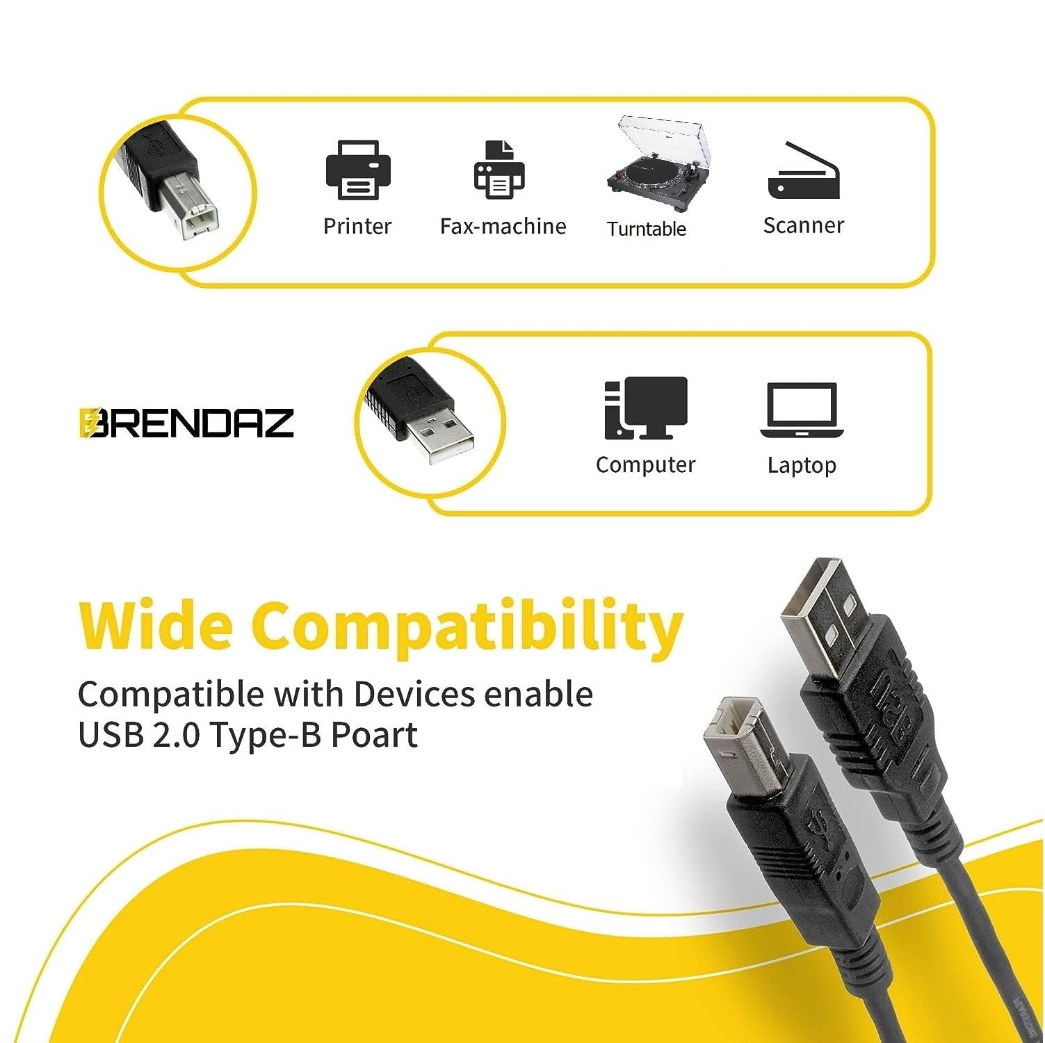 High-Speed USB Printer Cable A Male to B Male - 1ft USB 2.0 Scanner Cord for Canon, HP, Lexmark, Dell Printers - Durable Office & Home Printing Accessory for Documents, Photos & Labels